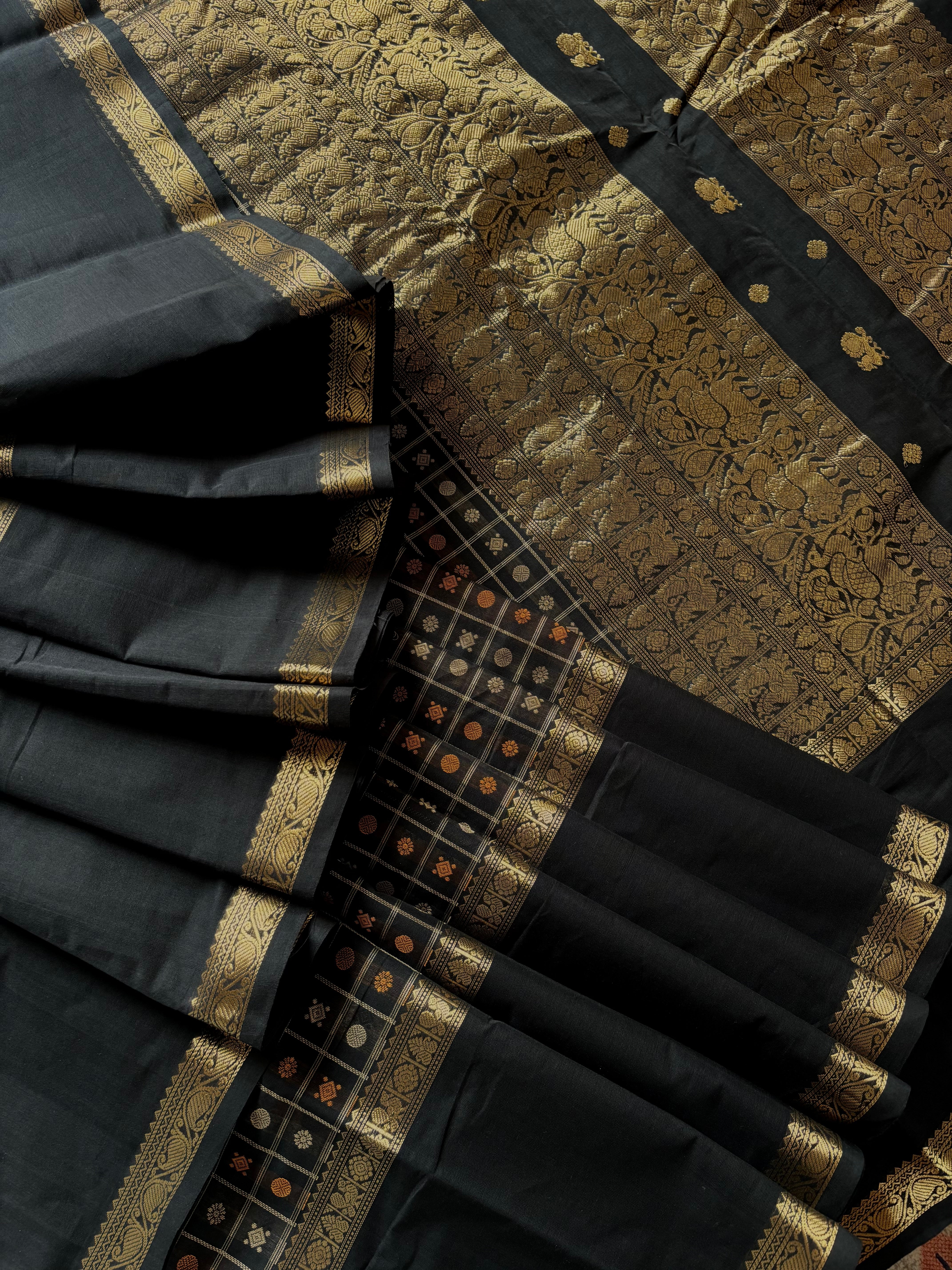Handwoven Black Colour Kanchipuram Aayirum Butta Cotton Saree