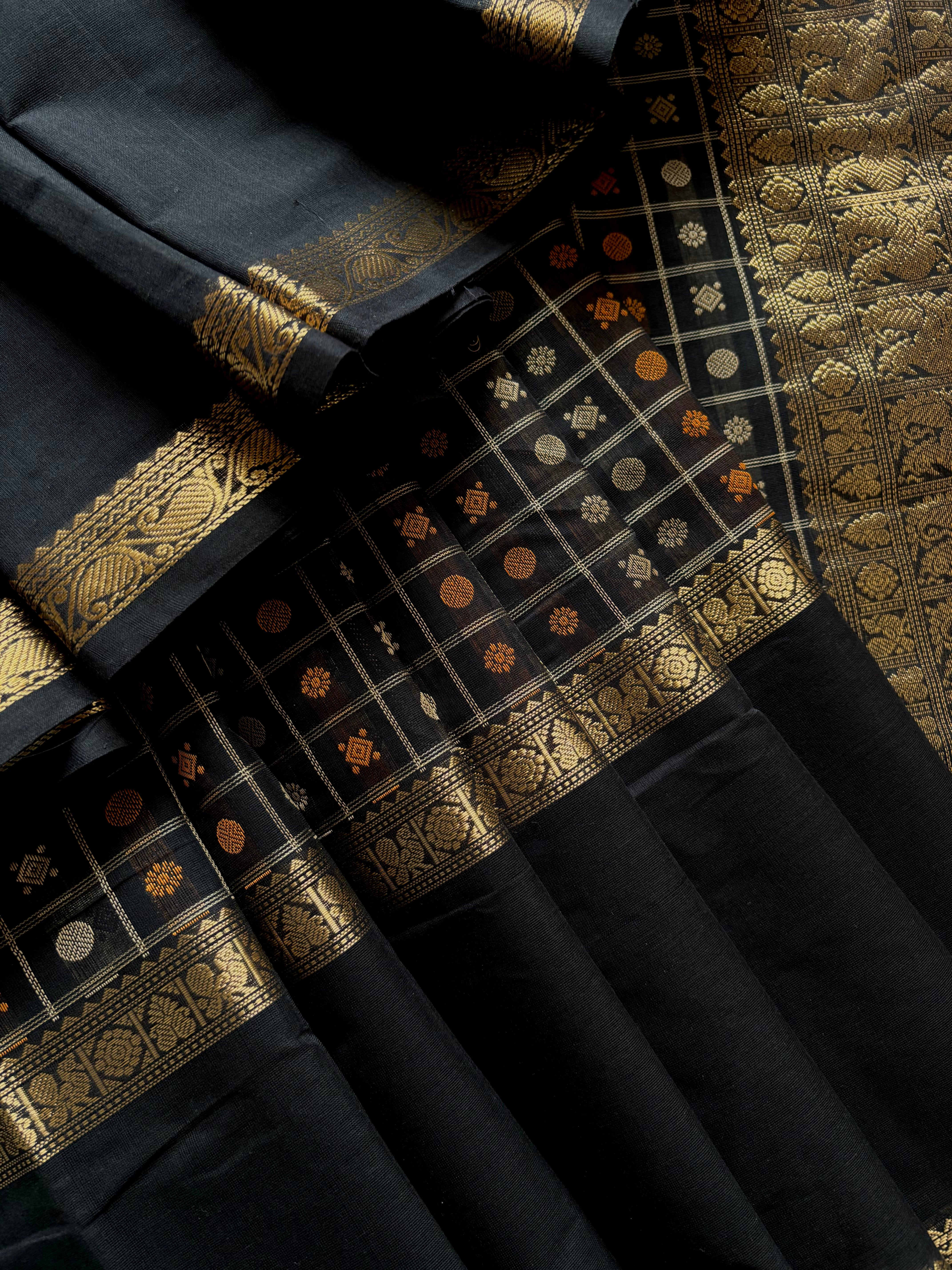 Handwoven Black Colour Kanchipuram Aayirum Butta Cotton Saree
