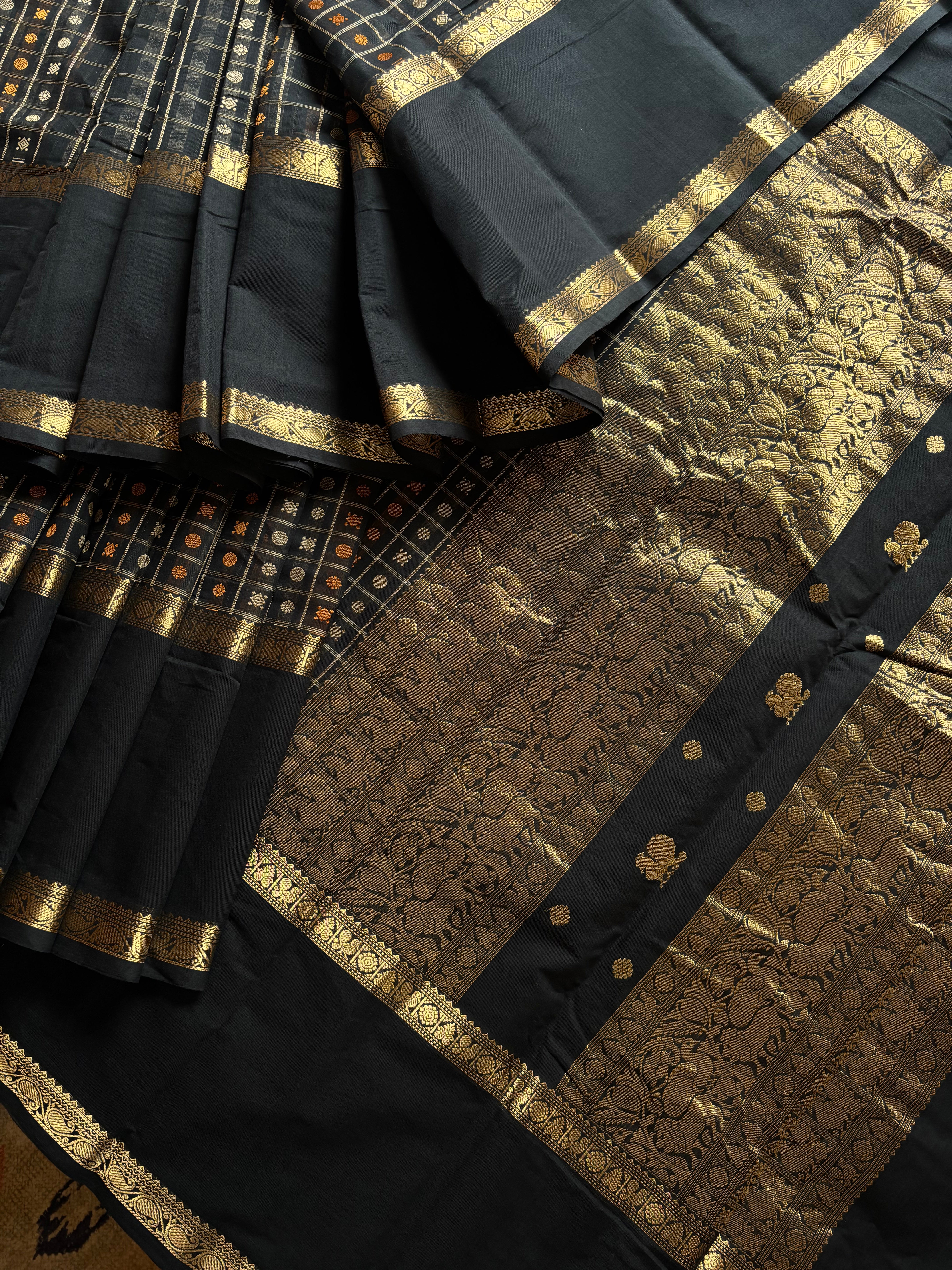 Handwoven Black Colour Kanchipuram Aayirum Butta Cotton Saree