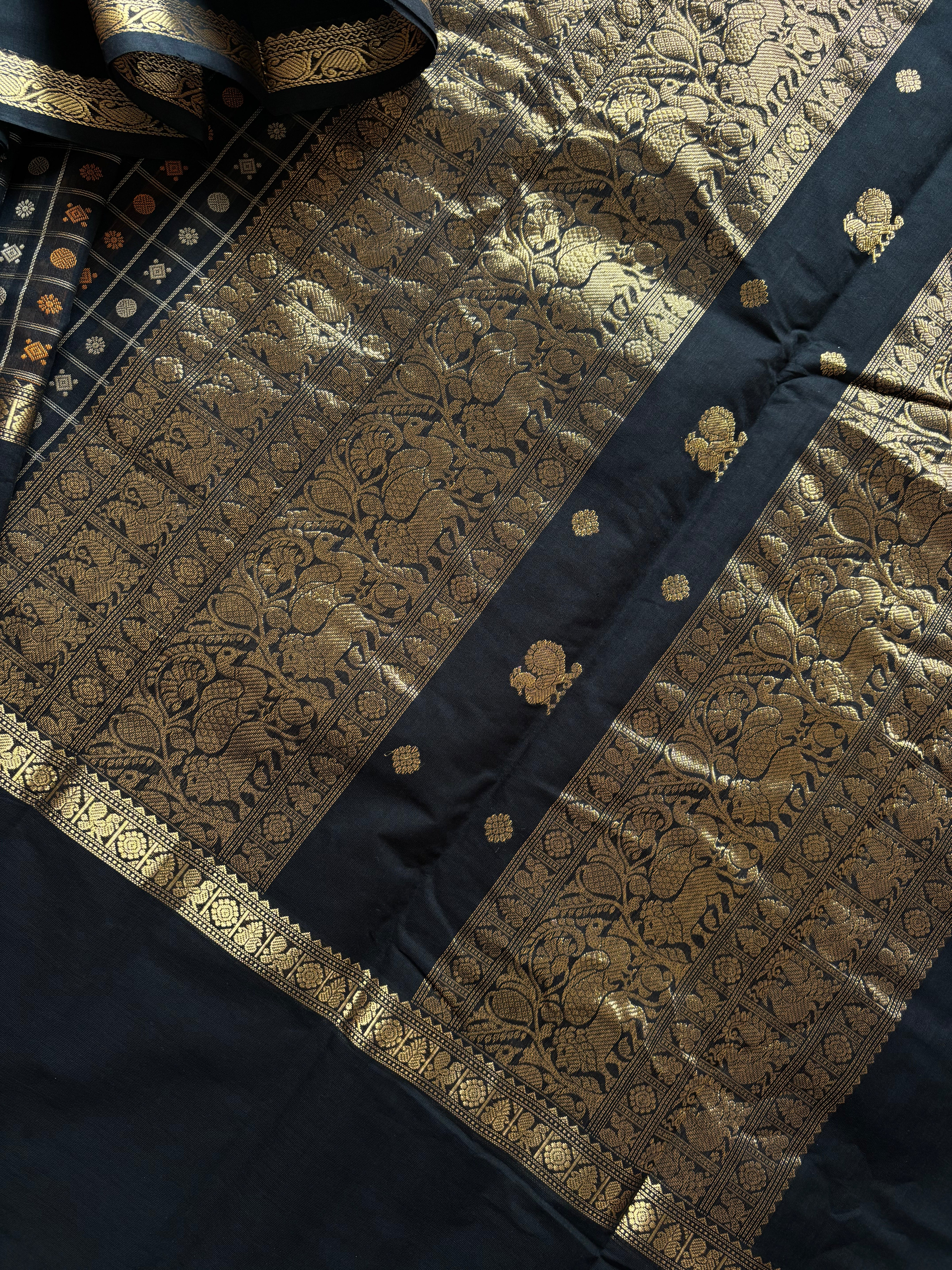 Handwoven Black Colour Kanchipuram Aayirum Butta Cotton Saree