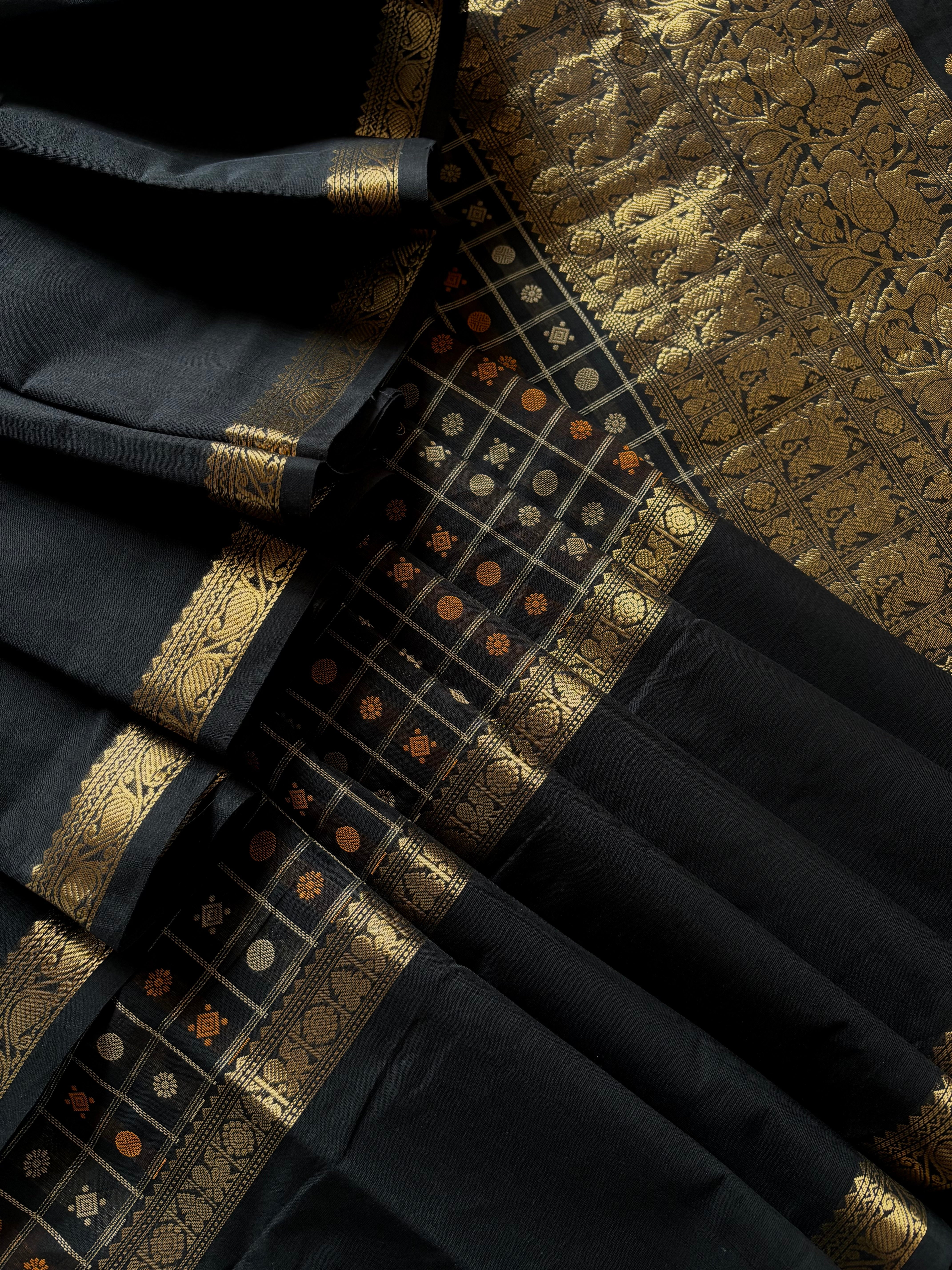 Handwoven Black Colour Kanchipuram Aayirum Butta Cotton Saree