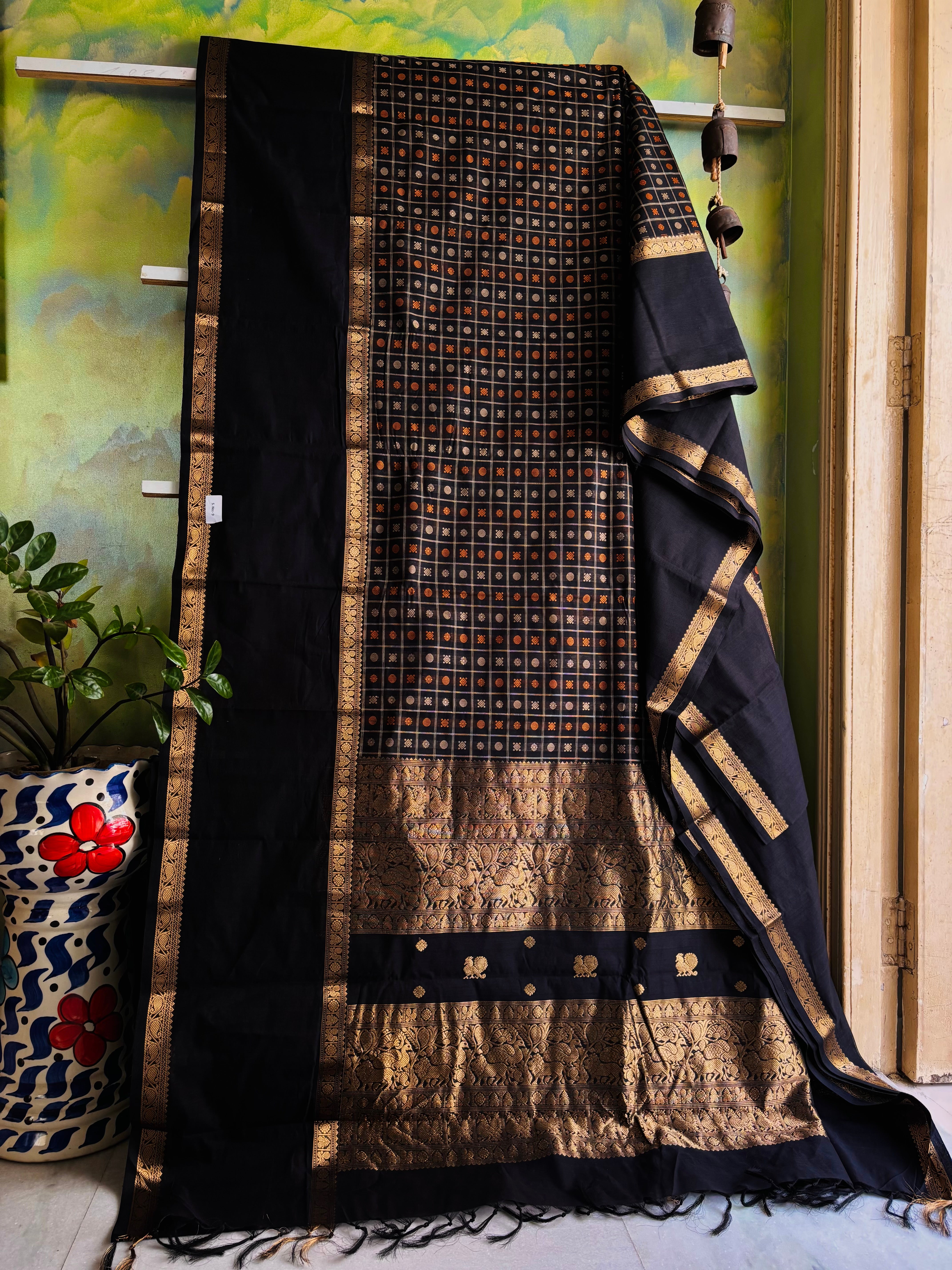 Handwoven Black Colour Kanchipuram Aayirum Butta Cotton Saree