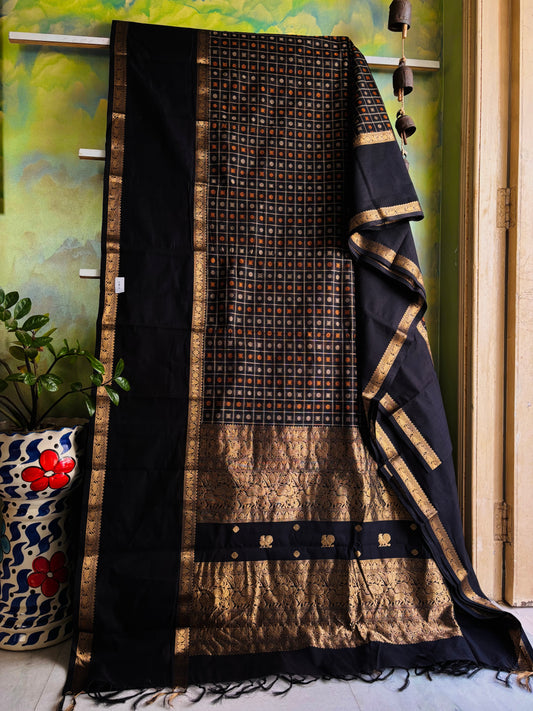 Handwoven Black Colour Kanchipuram Aayirum Butta Cotton Saree