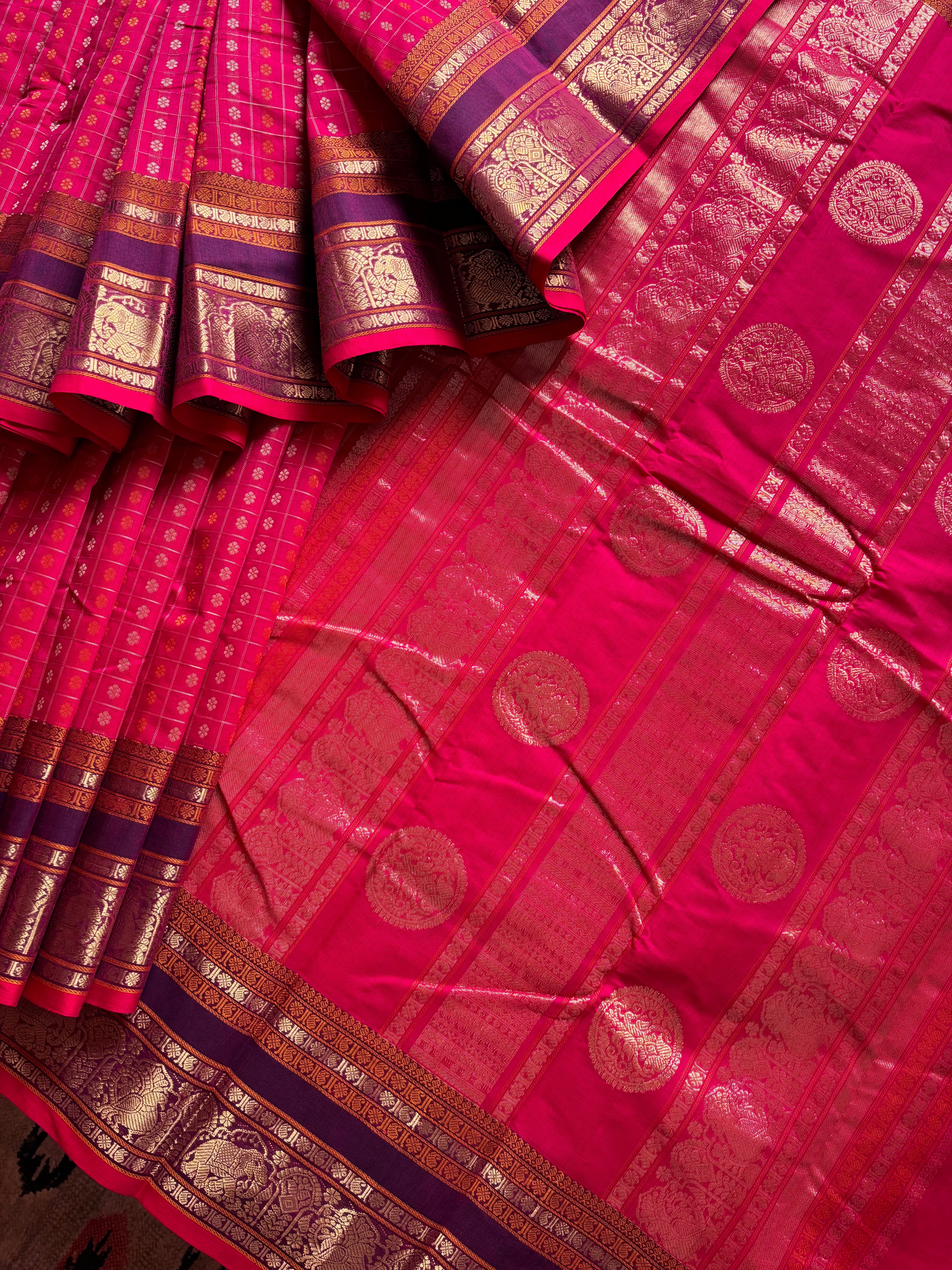 Handwoven Hot Pink Red Dual Toned Kanchipuram Aayirum Butta Cotton Saree