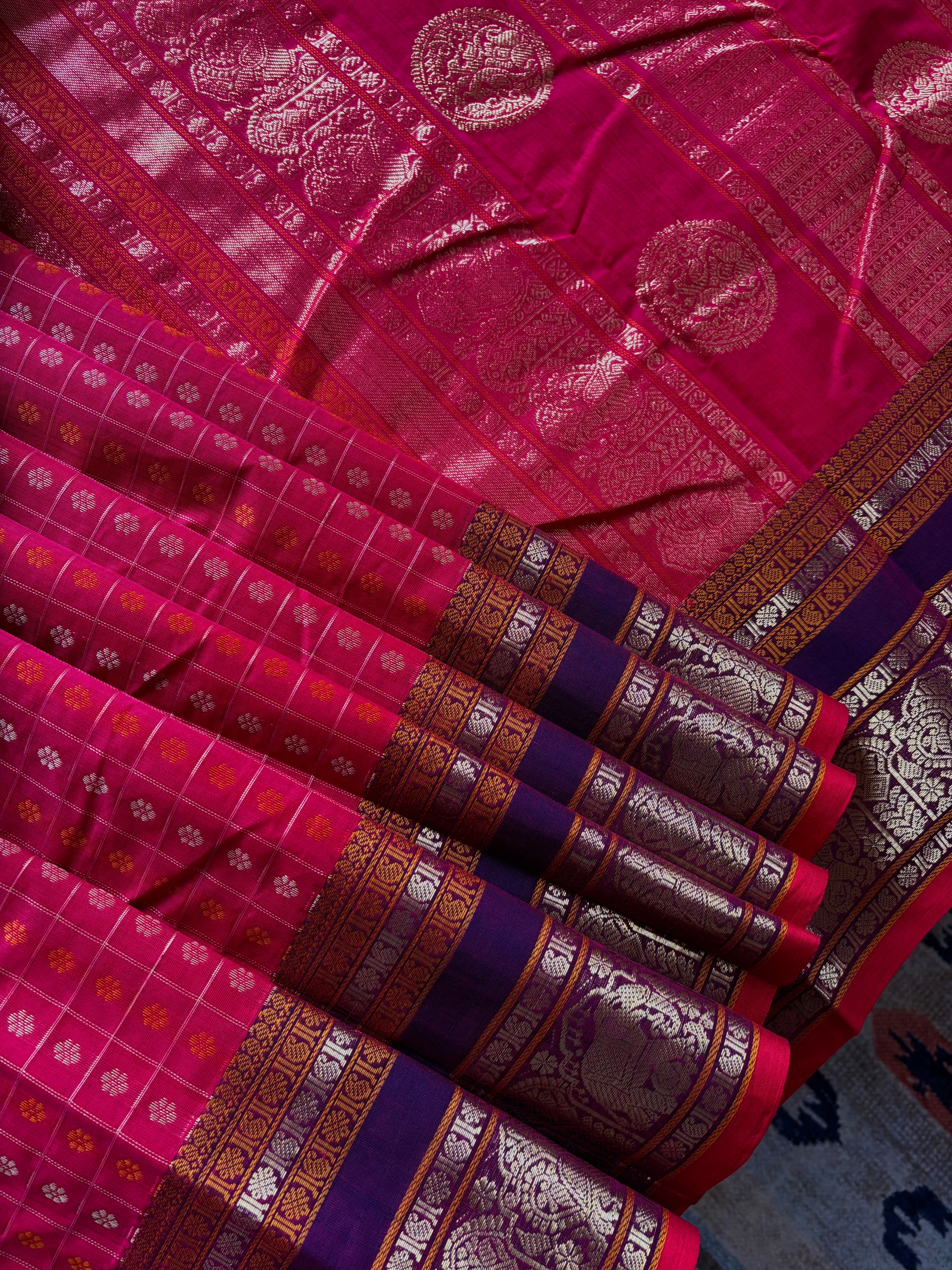 Handwoven Hot Pink Red Dual Toned Kanchipuram Aayirum Butta Cotton Saree