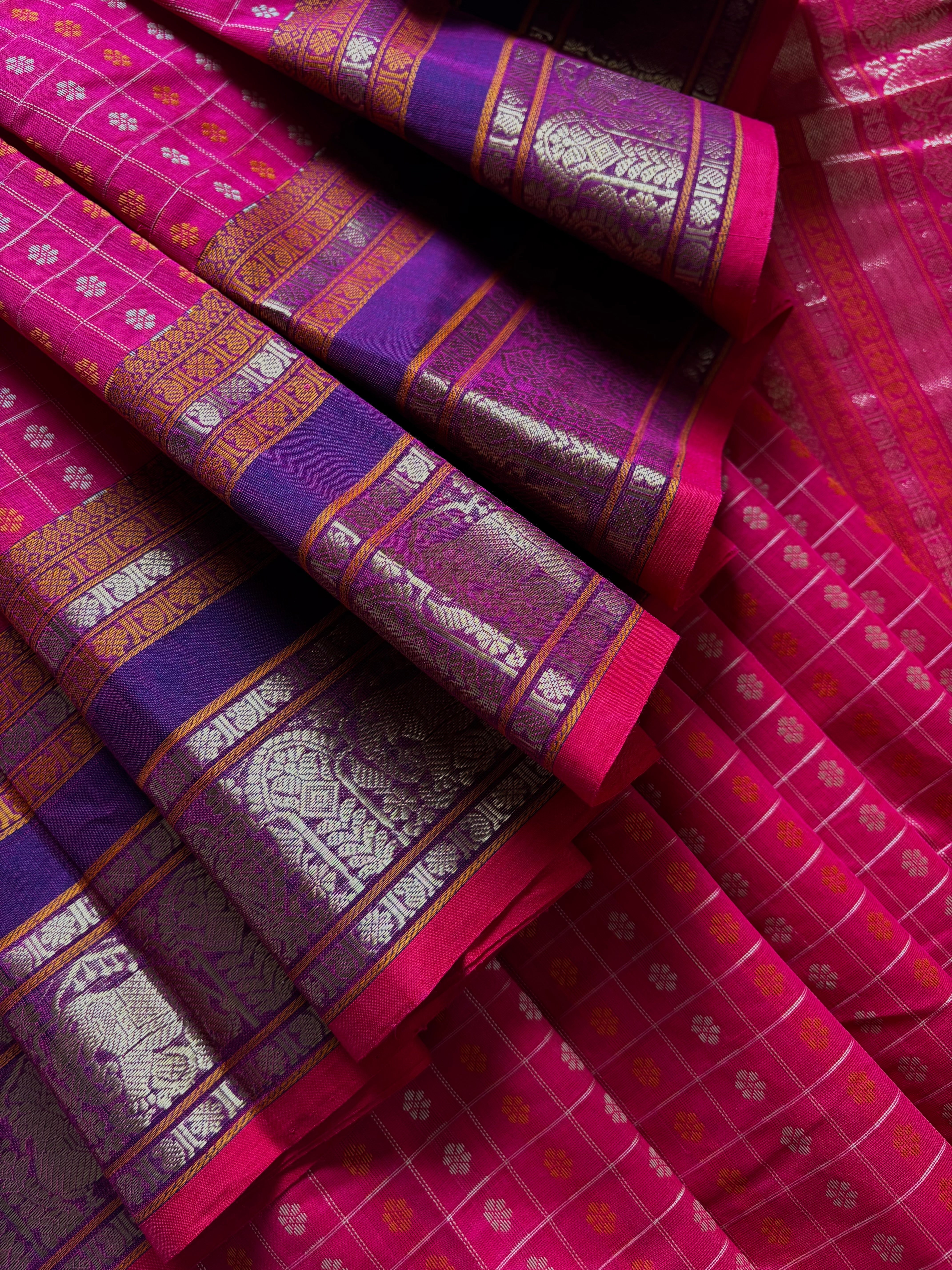 Handwoven Hot Pink Red Dual Toned Kanchipuram Aayirum Butta Cotton Saree