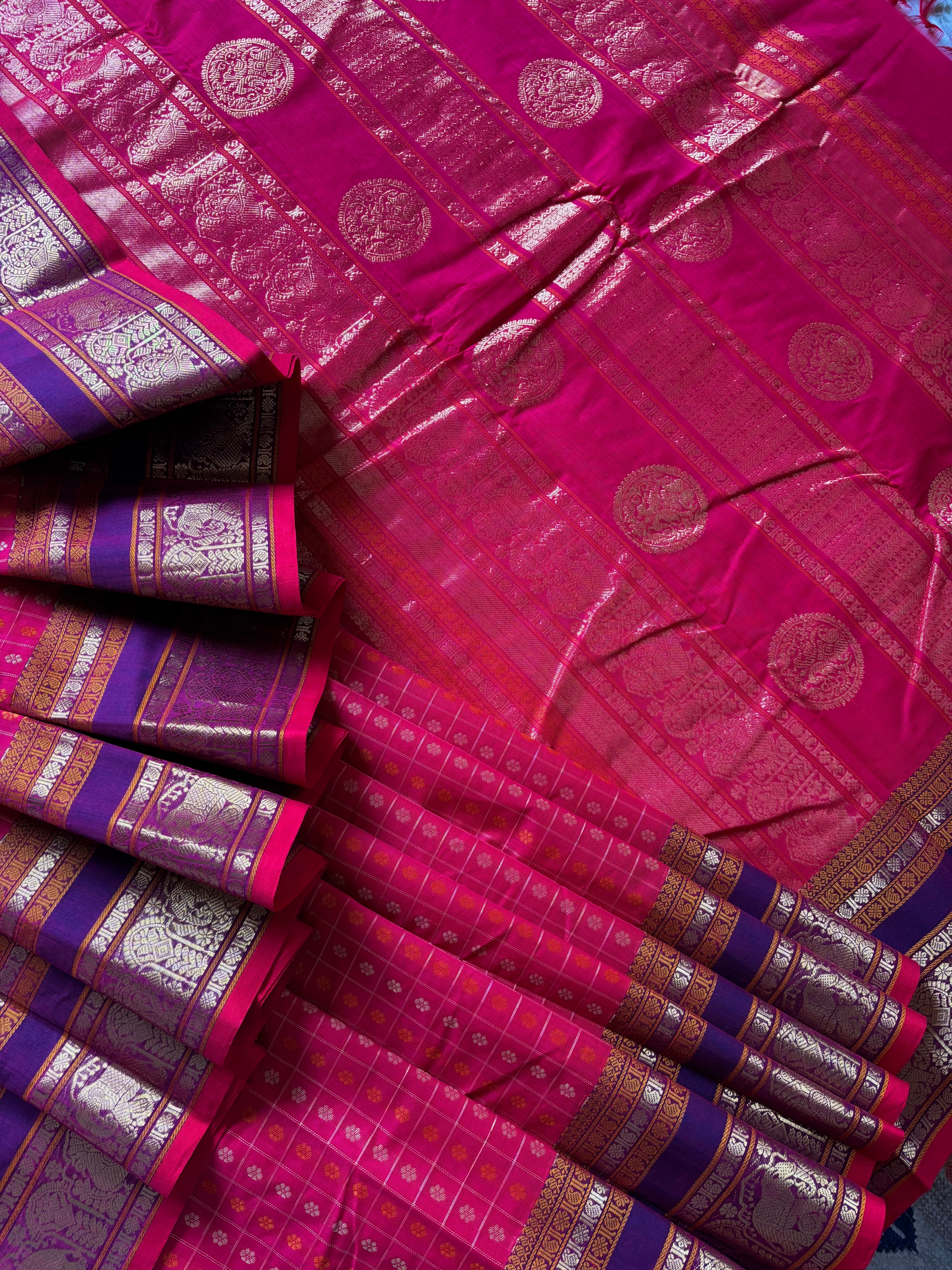 Handwoven Hot Pink Red Dual Toned Kanchipuram Aayirum Butta Cotton Saree
