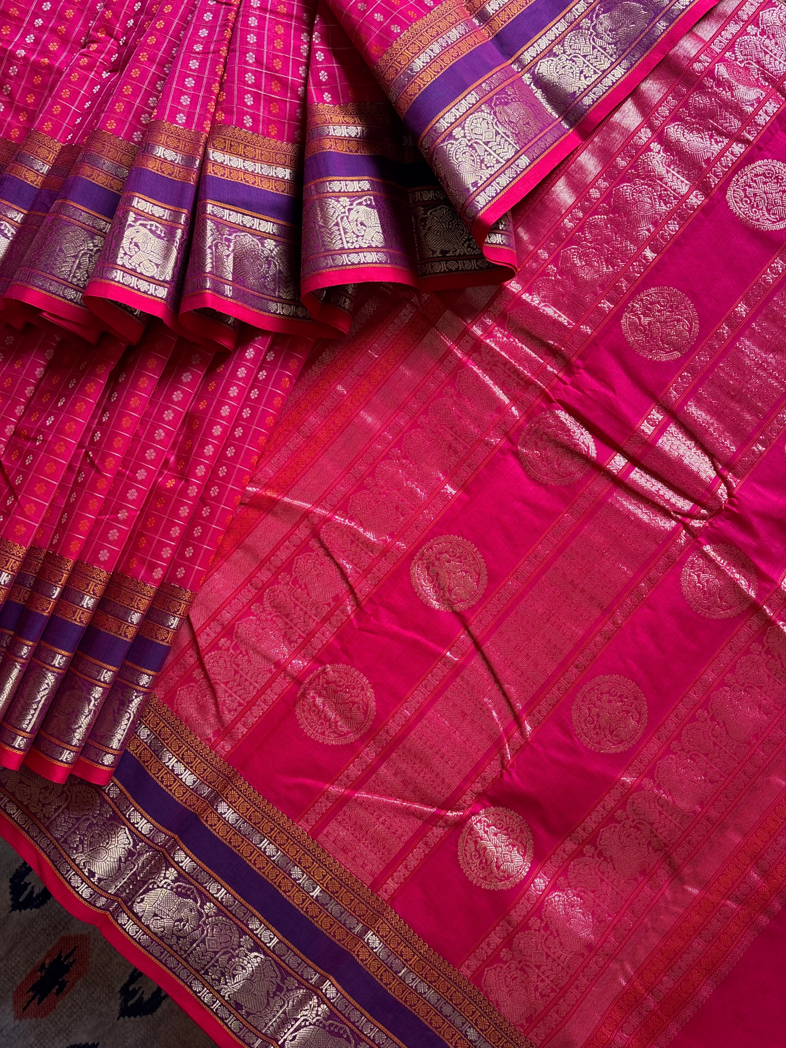 Handwoven Hot Pink Red Dual Toned Kanchipuram Aayirum Butta Cotton Saree