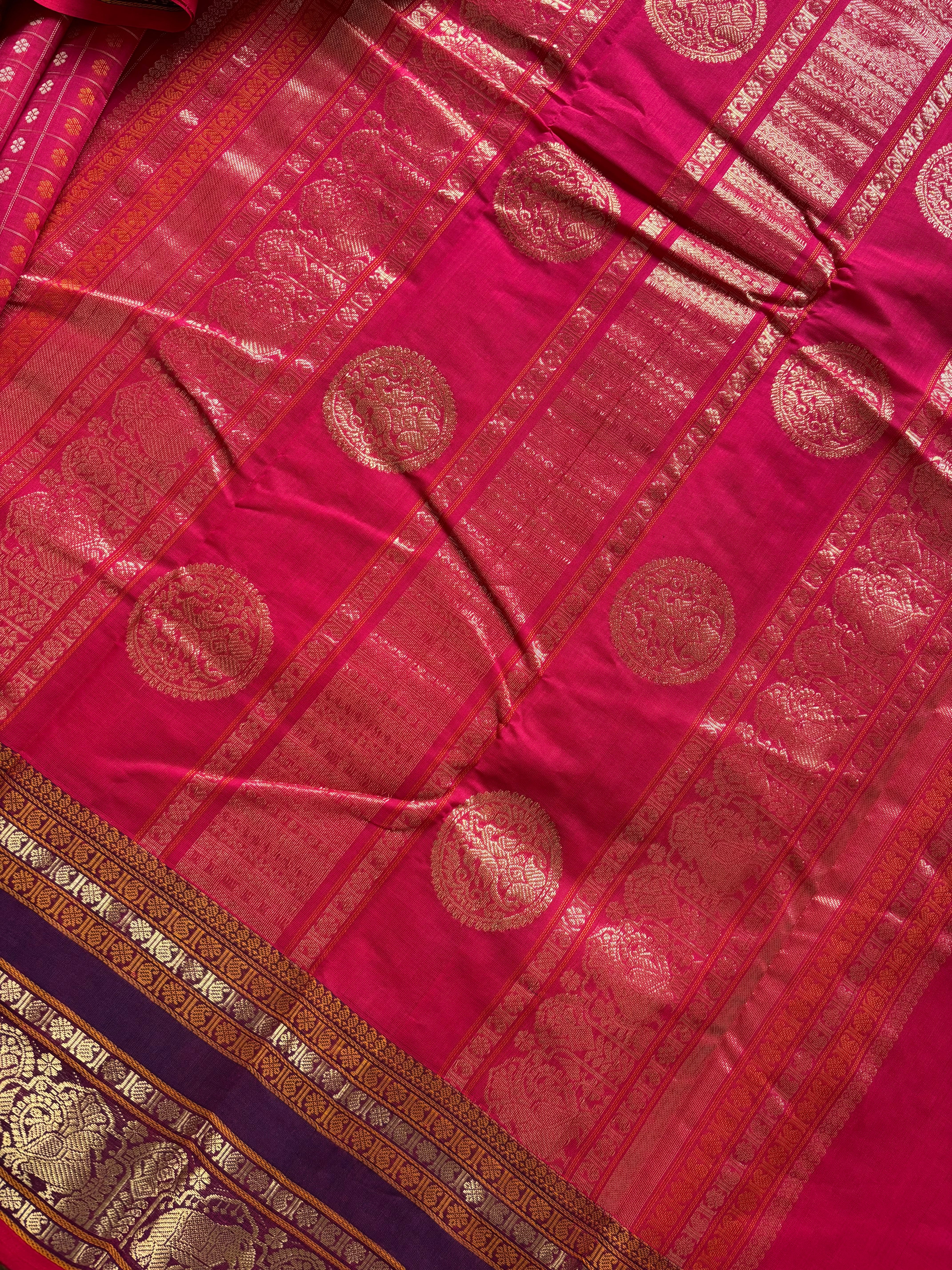 Handwoven Hot Pink Red Dual Toned Kanchipuram Aayirum Butta Cotton Saree