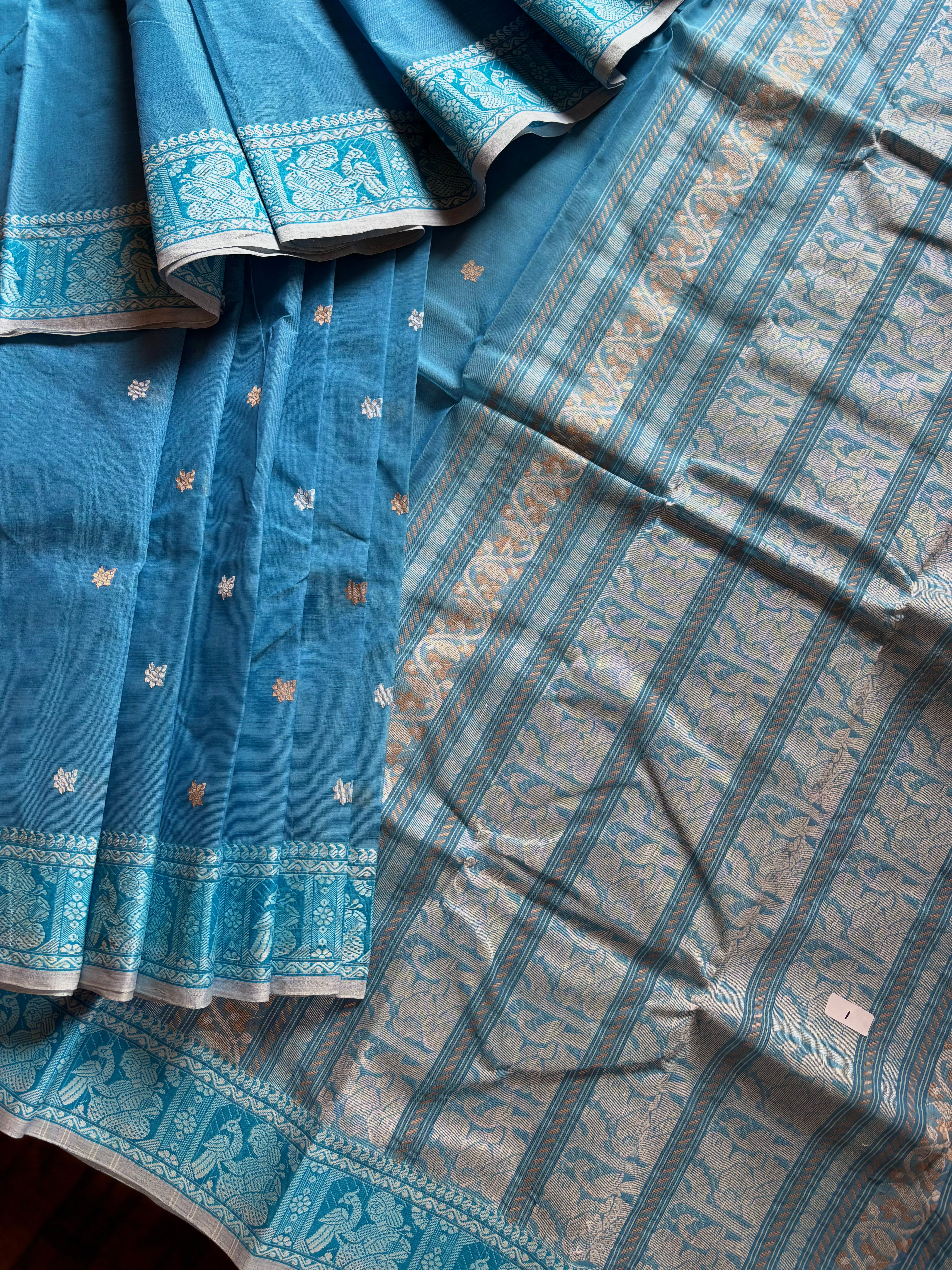Handwoven Sky Blue Cotton Baluchari Saree