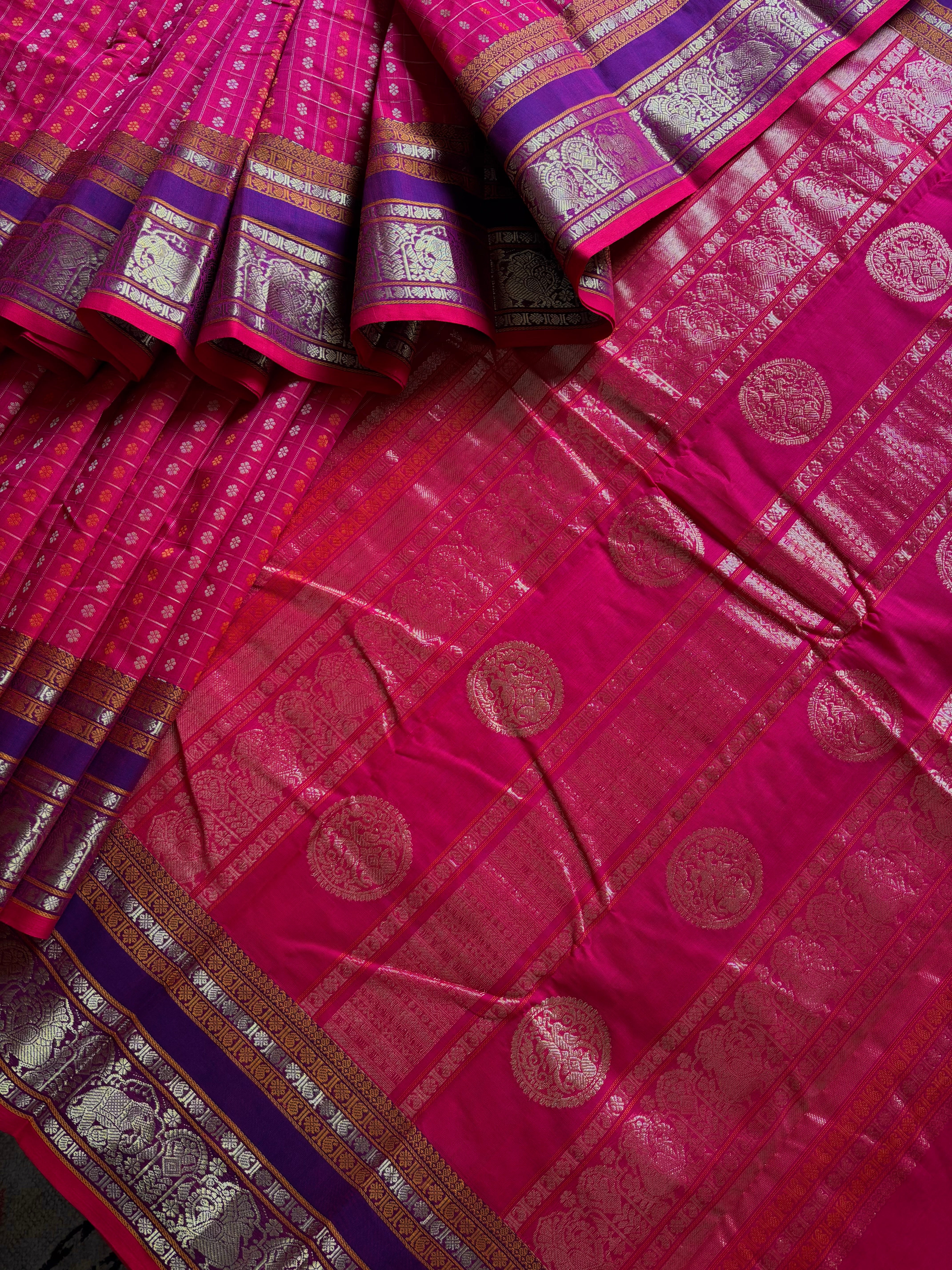 Handwoven Hot Pink Red Dual Toned Kanchipuram Aayirum Butta Cotton Saree