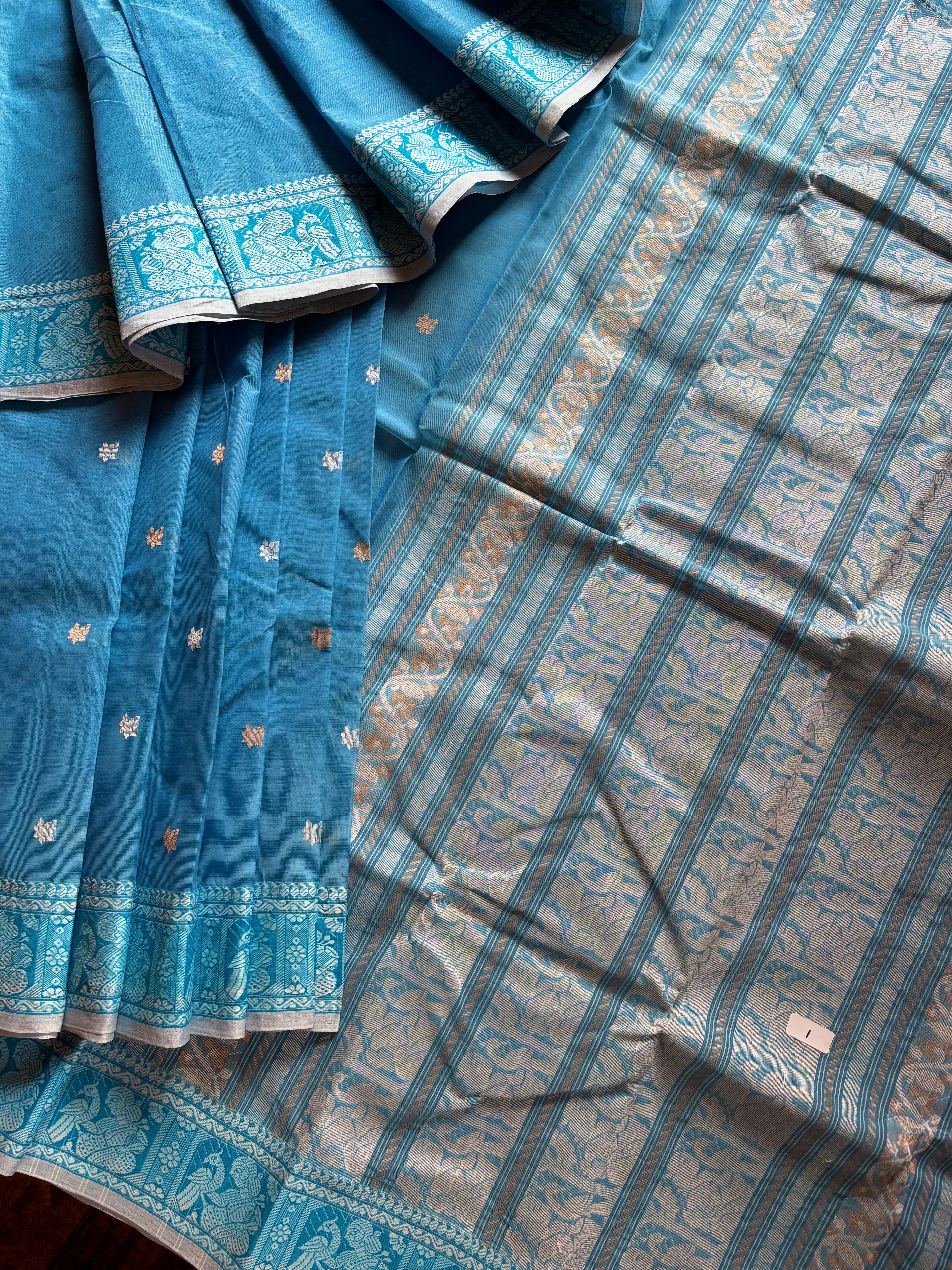 Handwoven Sky Blue Cotton Baluchari Saree