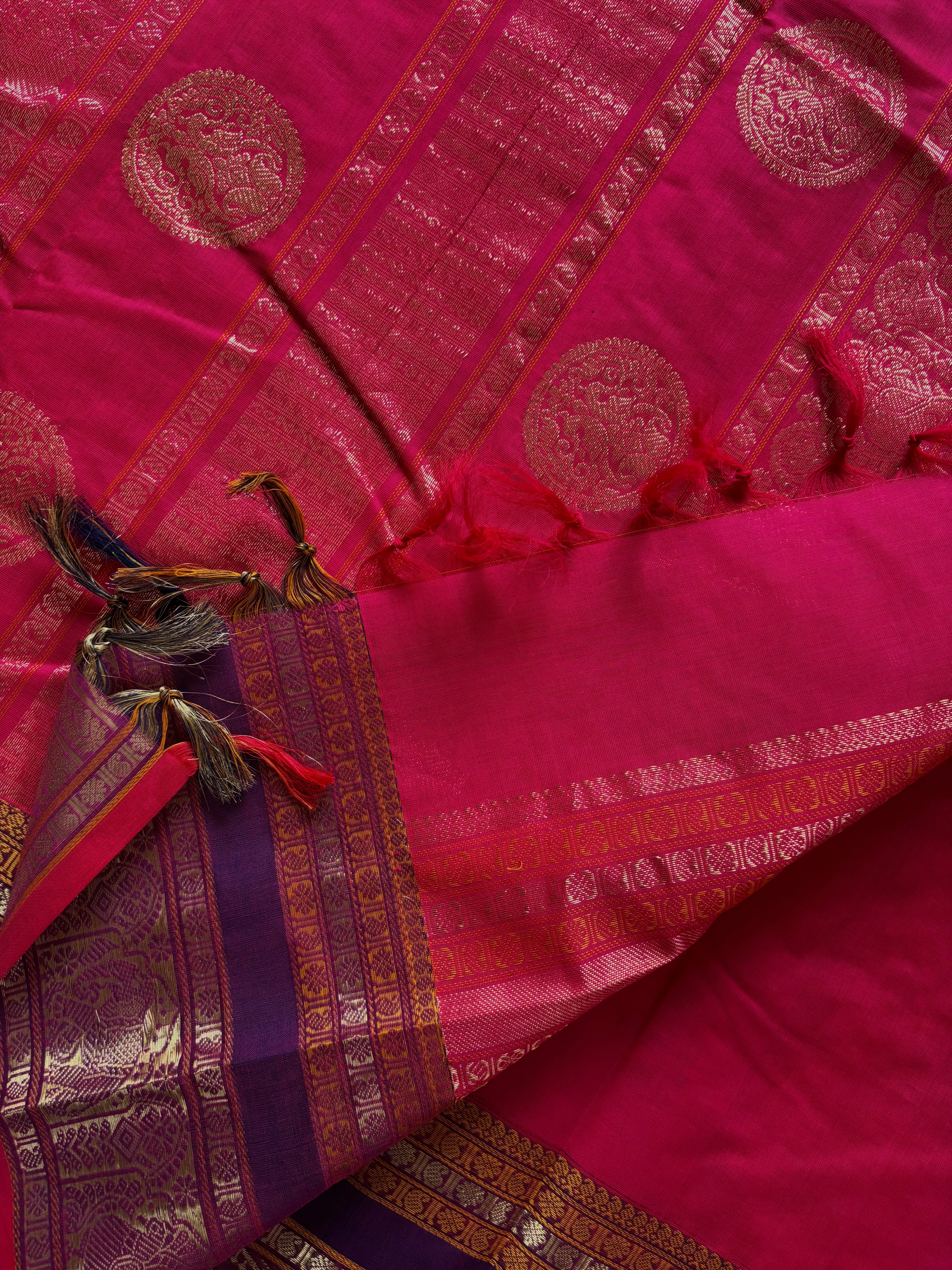 Handwoven Hot Pink Red Dual Toned Kanchipuram Aayirum Butta Cotton Saree