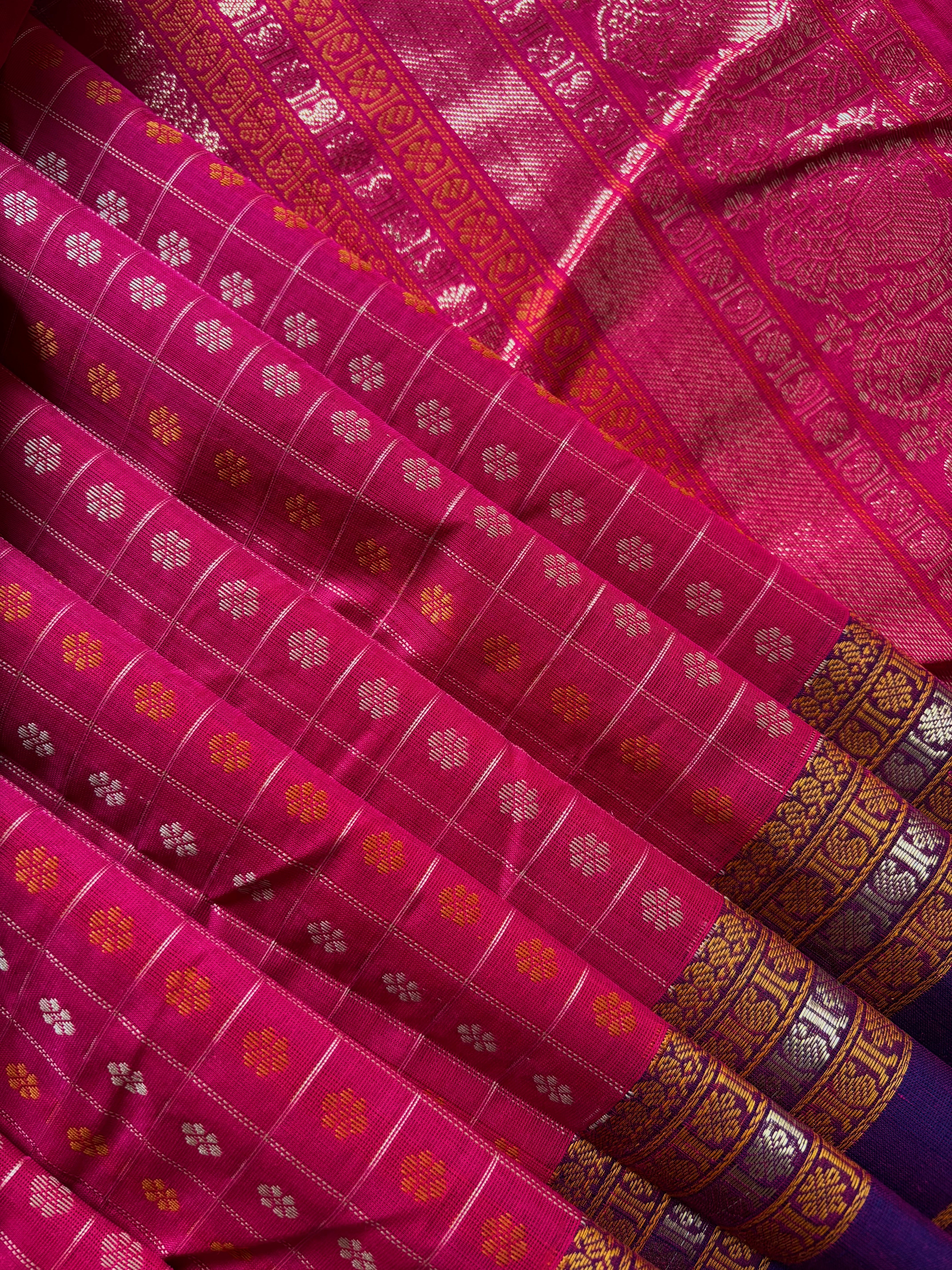 Handwoven Hot Pink Red Dual Toned Kanchipuram Aayirum Butta Cotton Saree