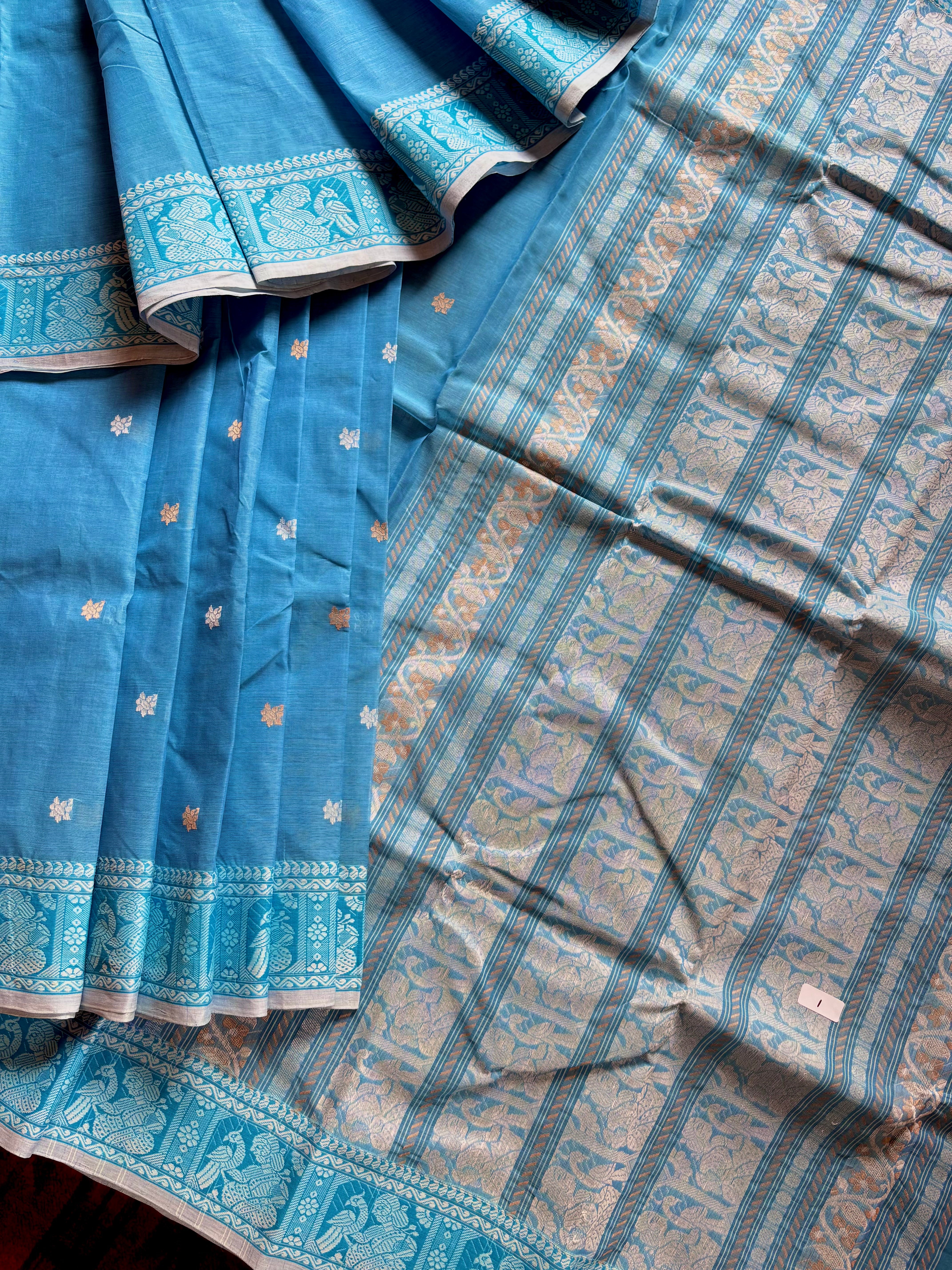 Handwoven Sky Blue Cotton Baluchari Saree