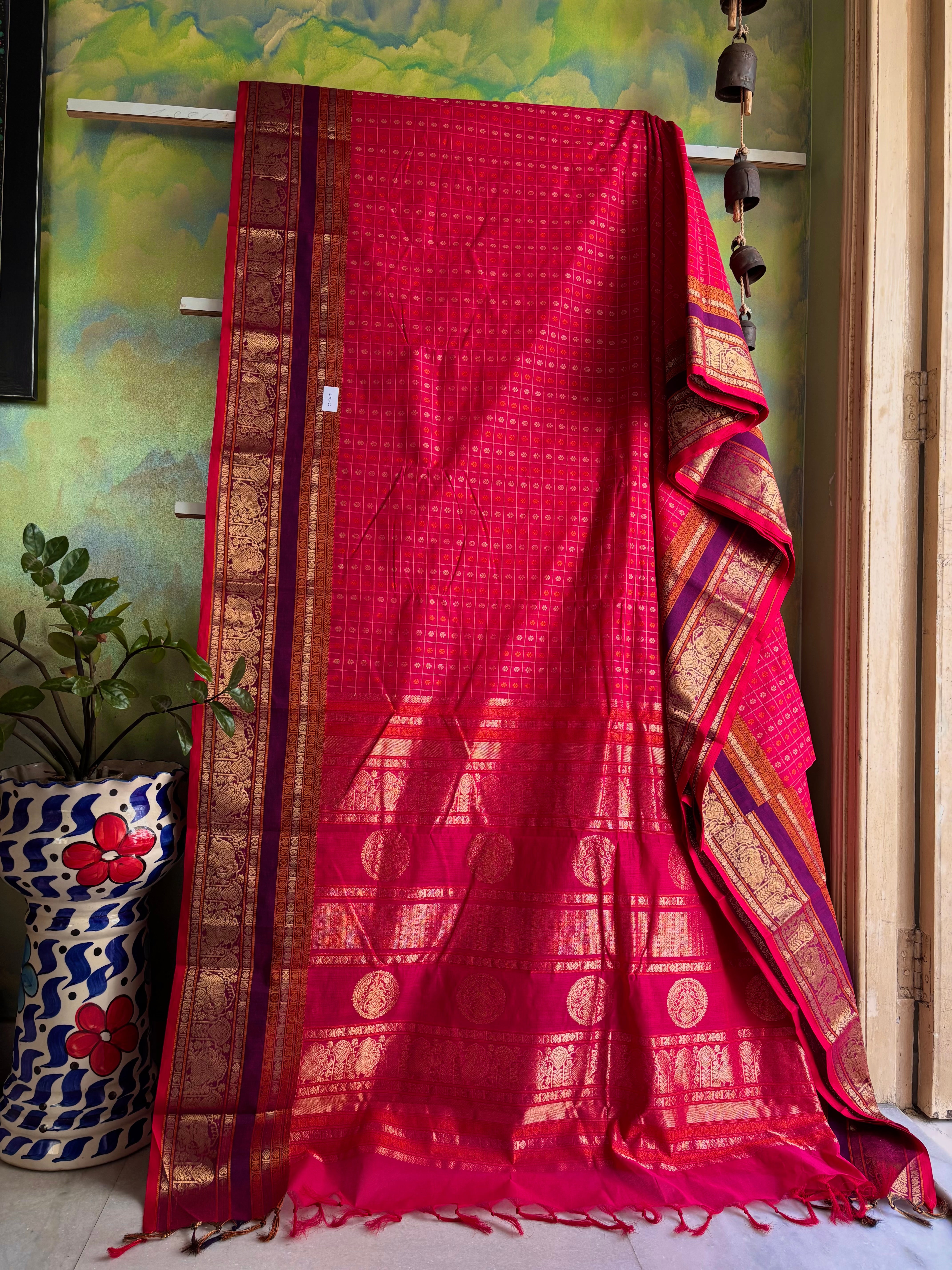 Handwoven Hot Pink Red Dual Toned Kanchipuram Aayirum Butta Cotton Saree