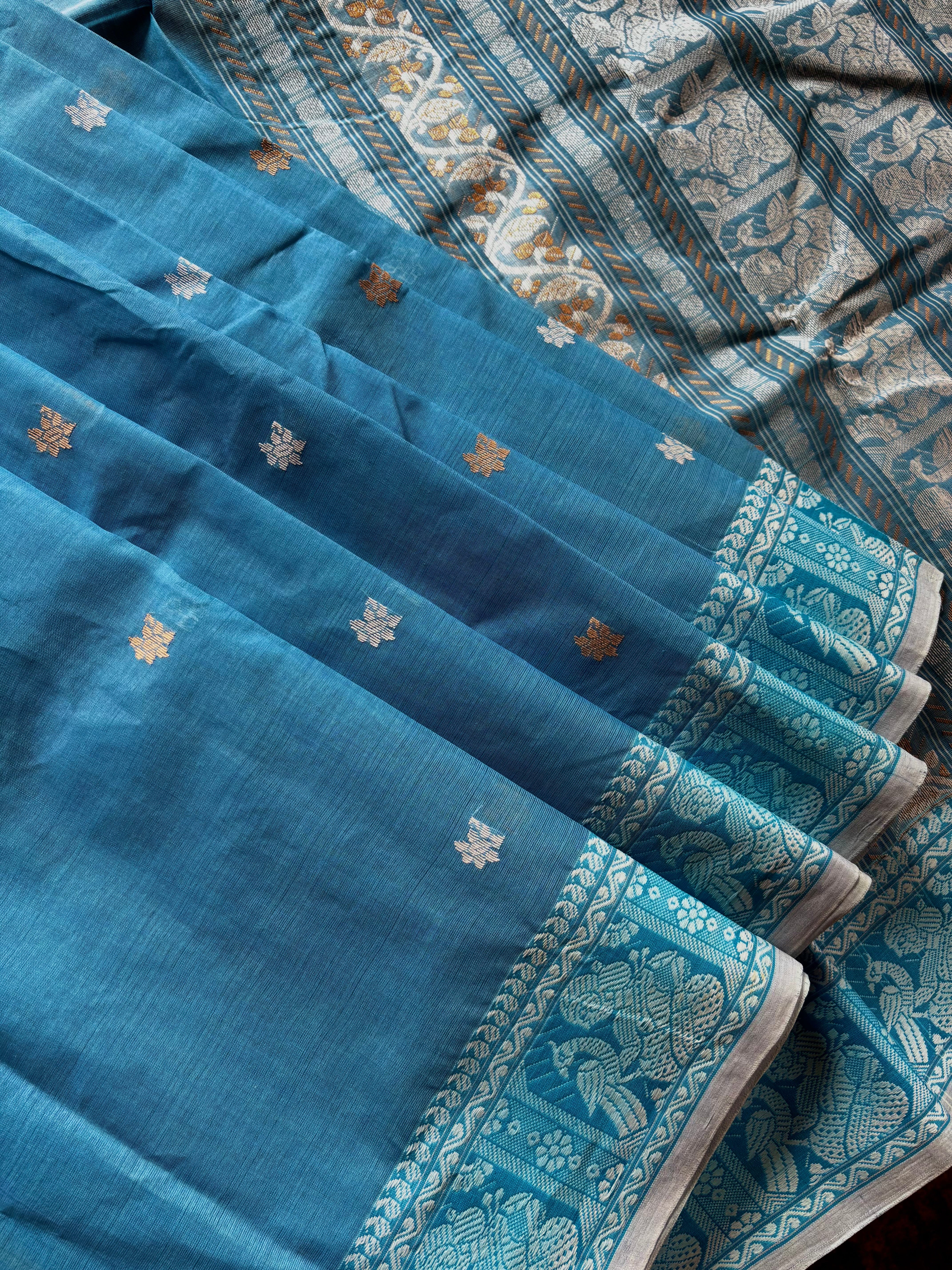 Handwoven Sky Blue Cotton Baluchari Saree