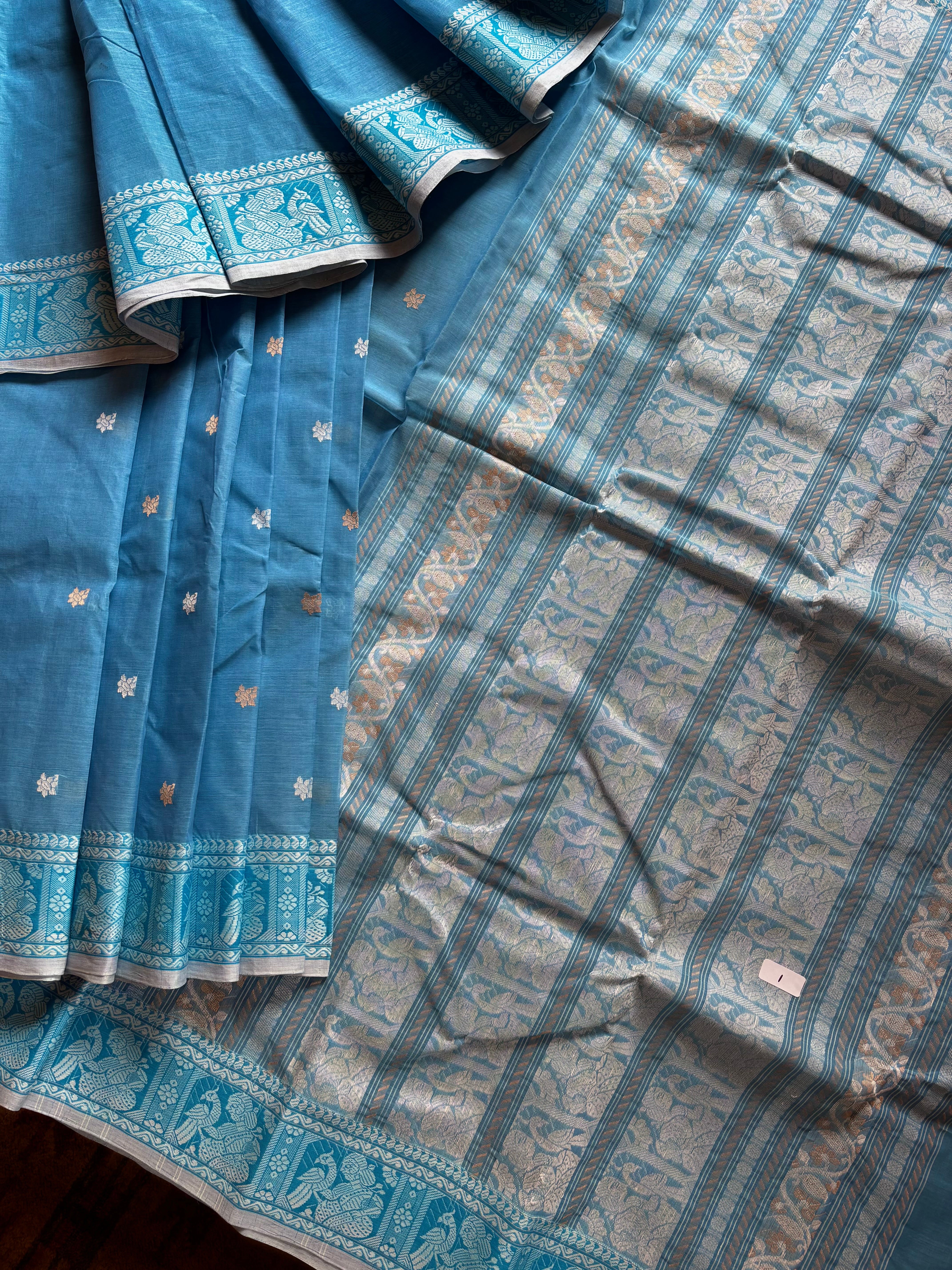 Handwoven Sky Blue Cotton Baluchari Saree