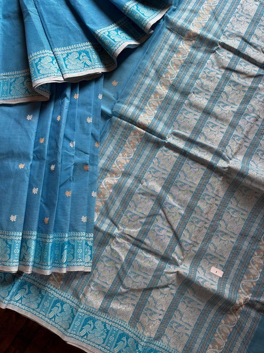 Handwoven Sky Blue Cotton Baluchari Saree