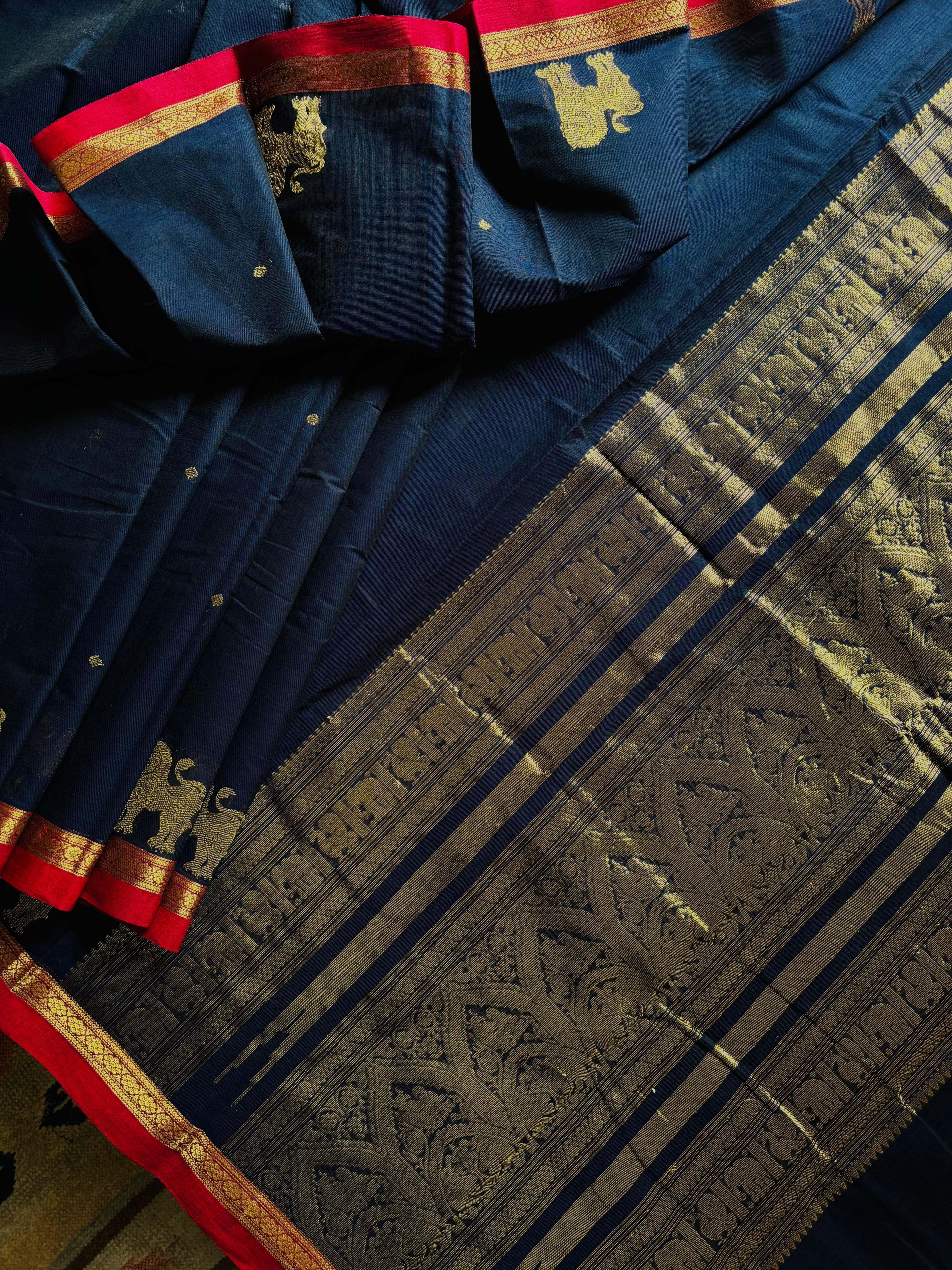 Handwoven Dark Navy Colour Cotton Kanchipuram Saree