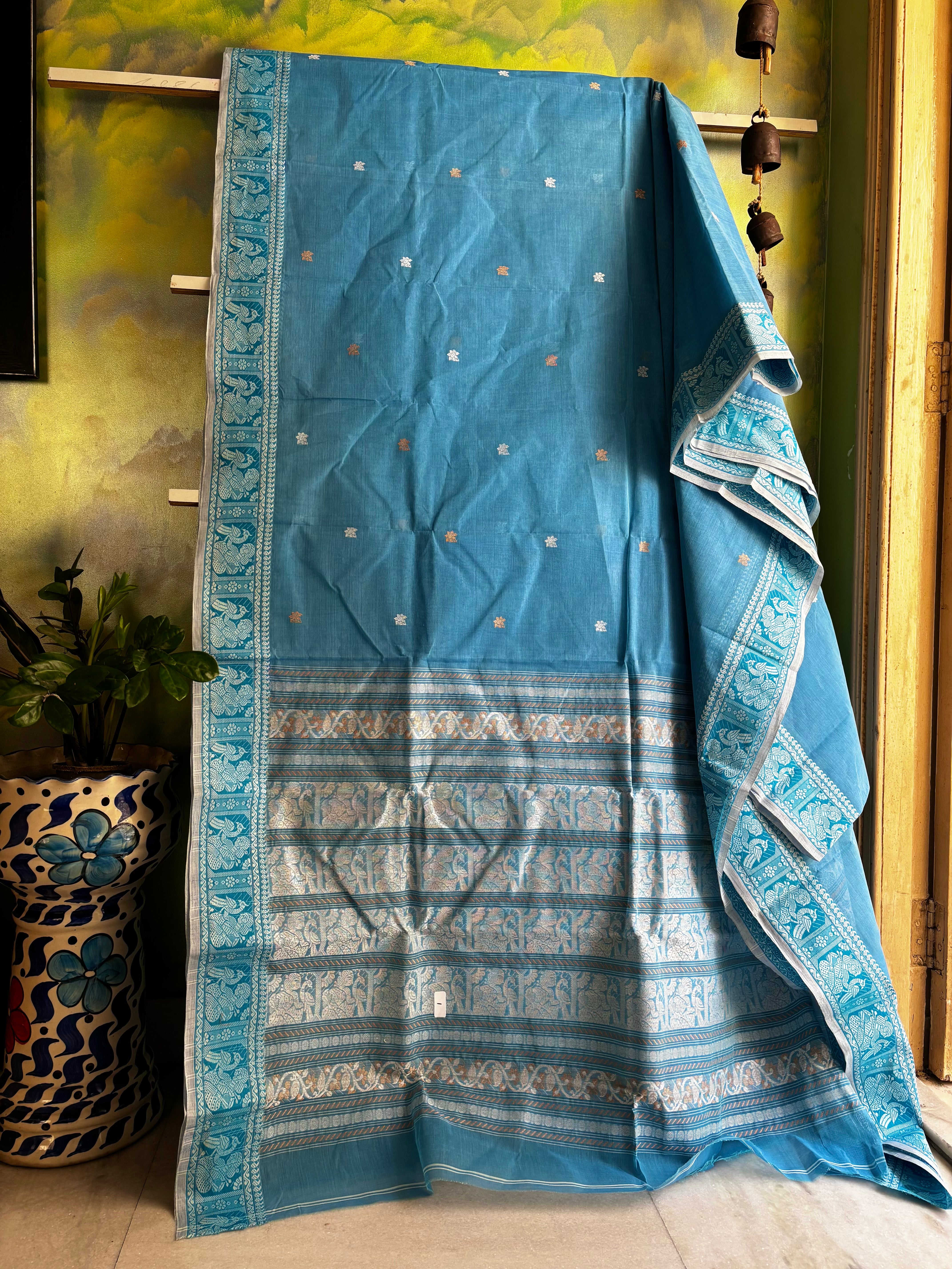 Handwoven Sky Blue Cotton Baluchari Saree
