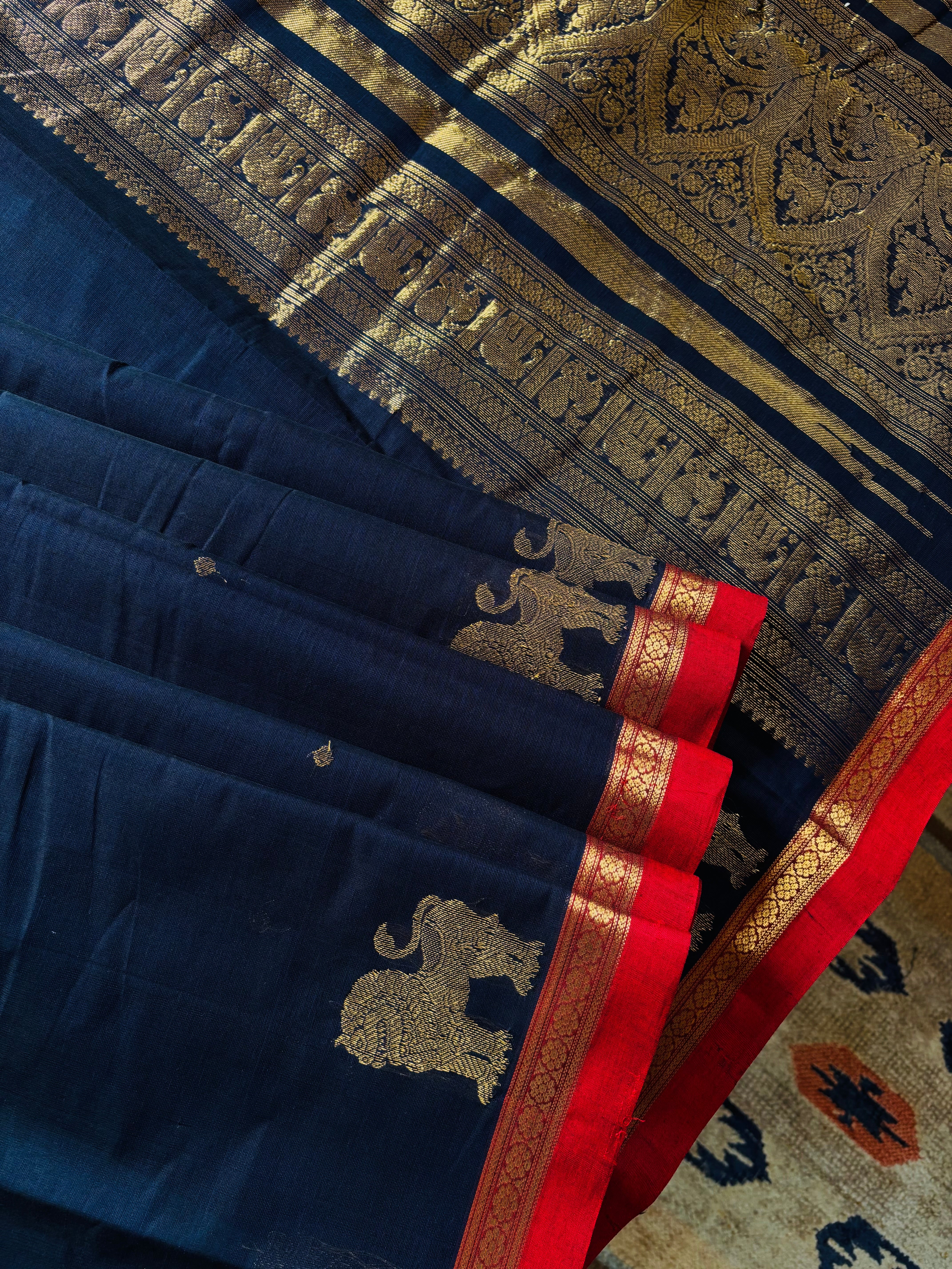 Handwoven Dark Navy Colour Cotton Kanchipuram Saree
