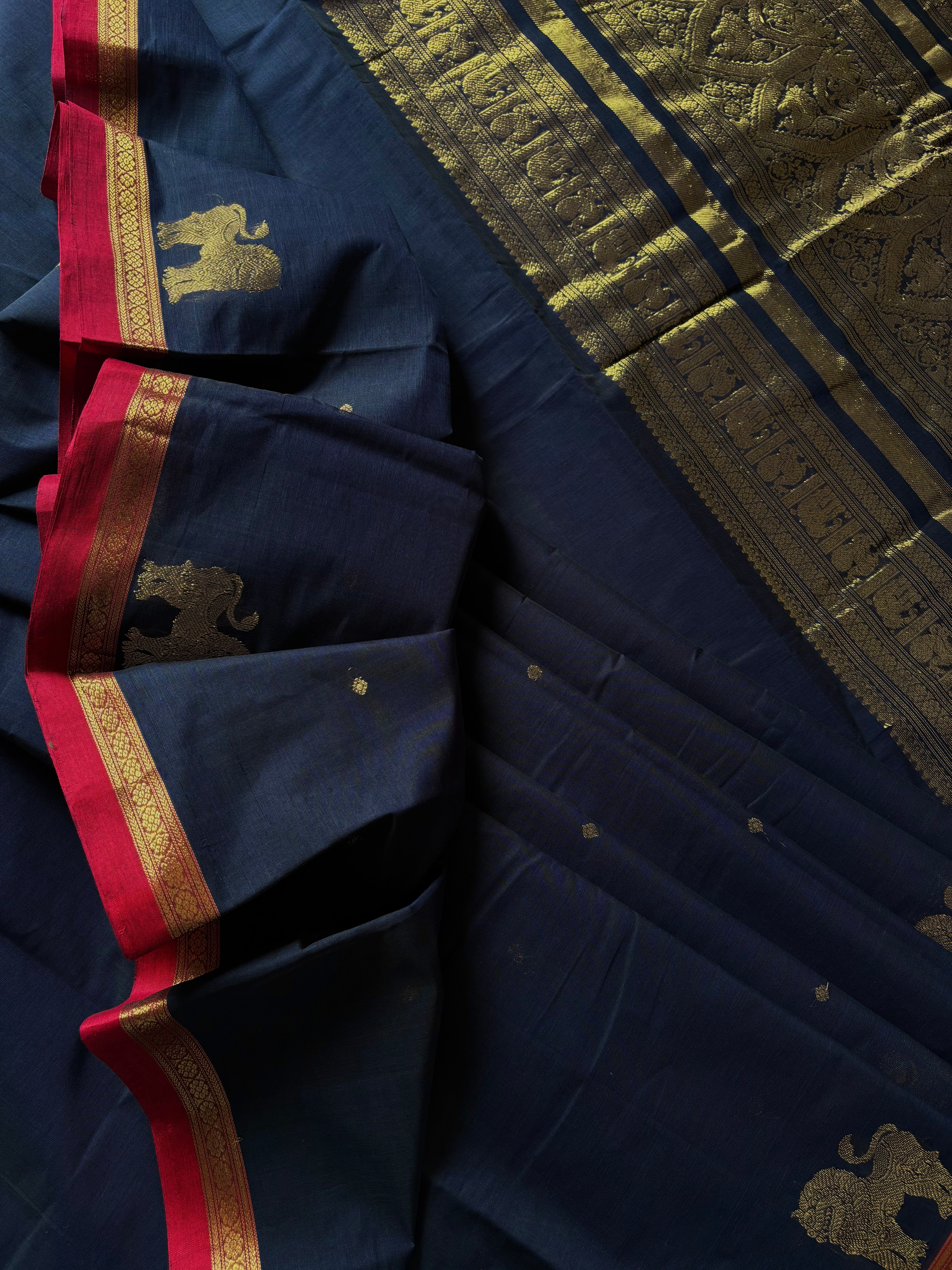 Handwoven Dark Navy Colour Cotton Kanchipuram Saree