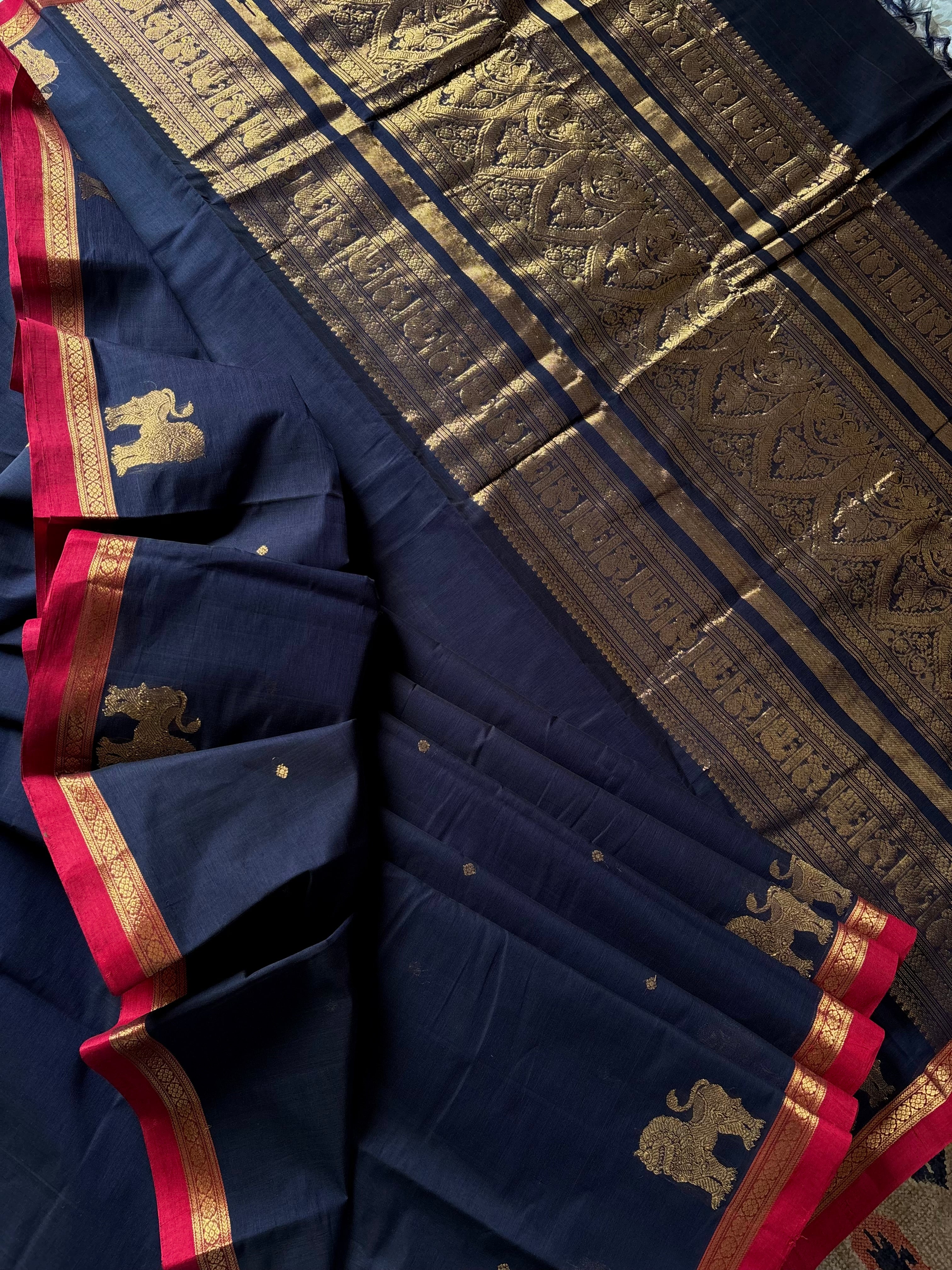 Handwoven Dark Navy Colour Cotton Kanchipuram Saree