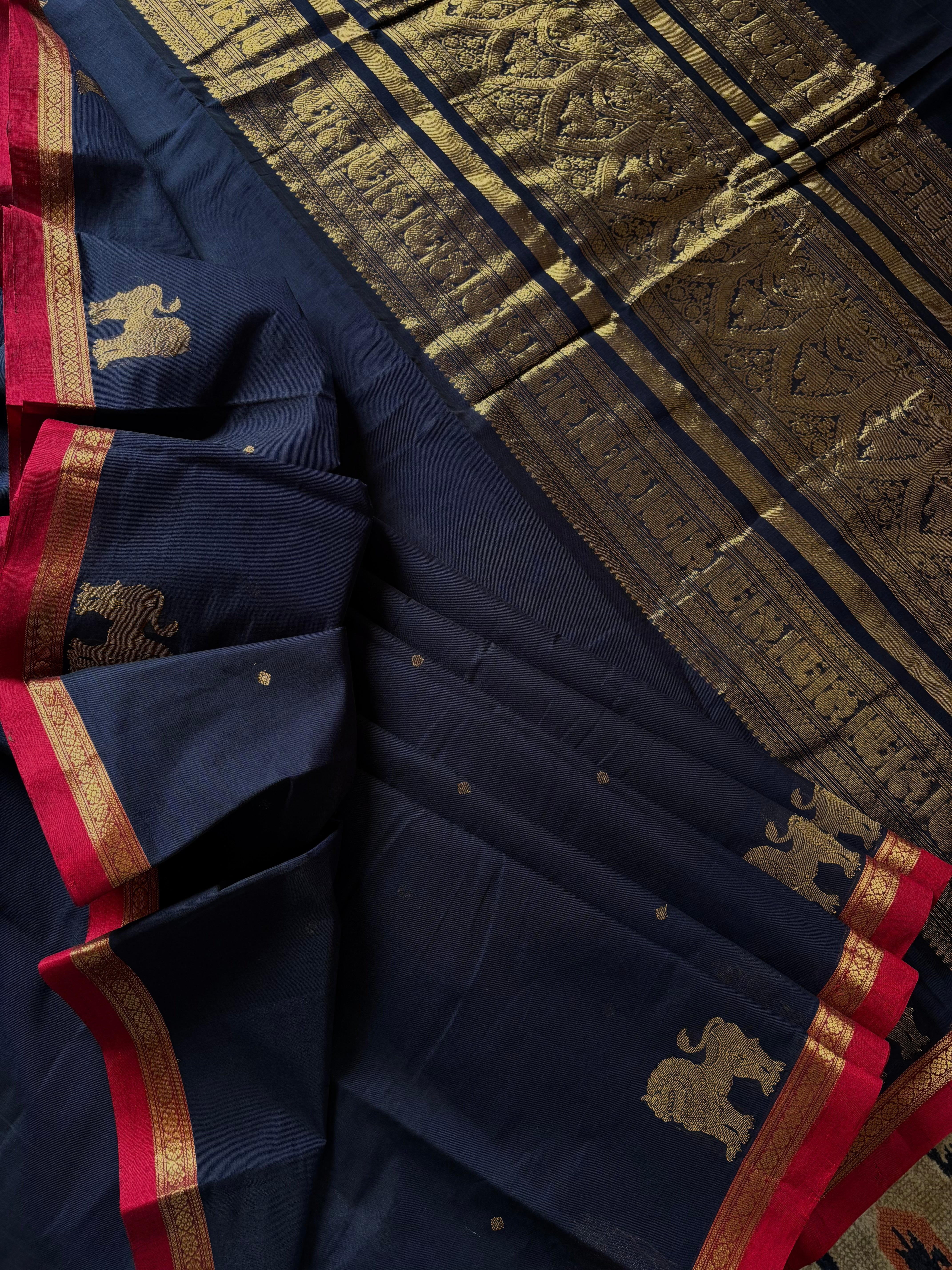Handwoven Dark Navy Colour Cotton Kanchipuram Saree