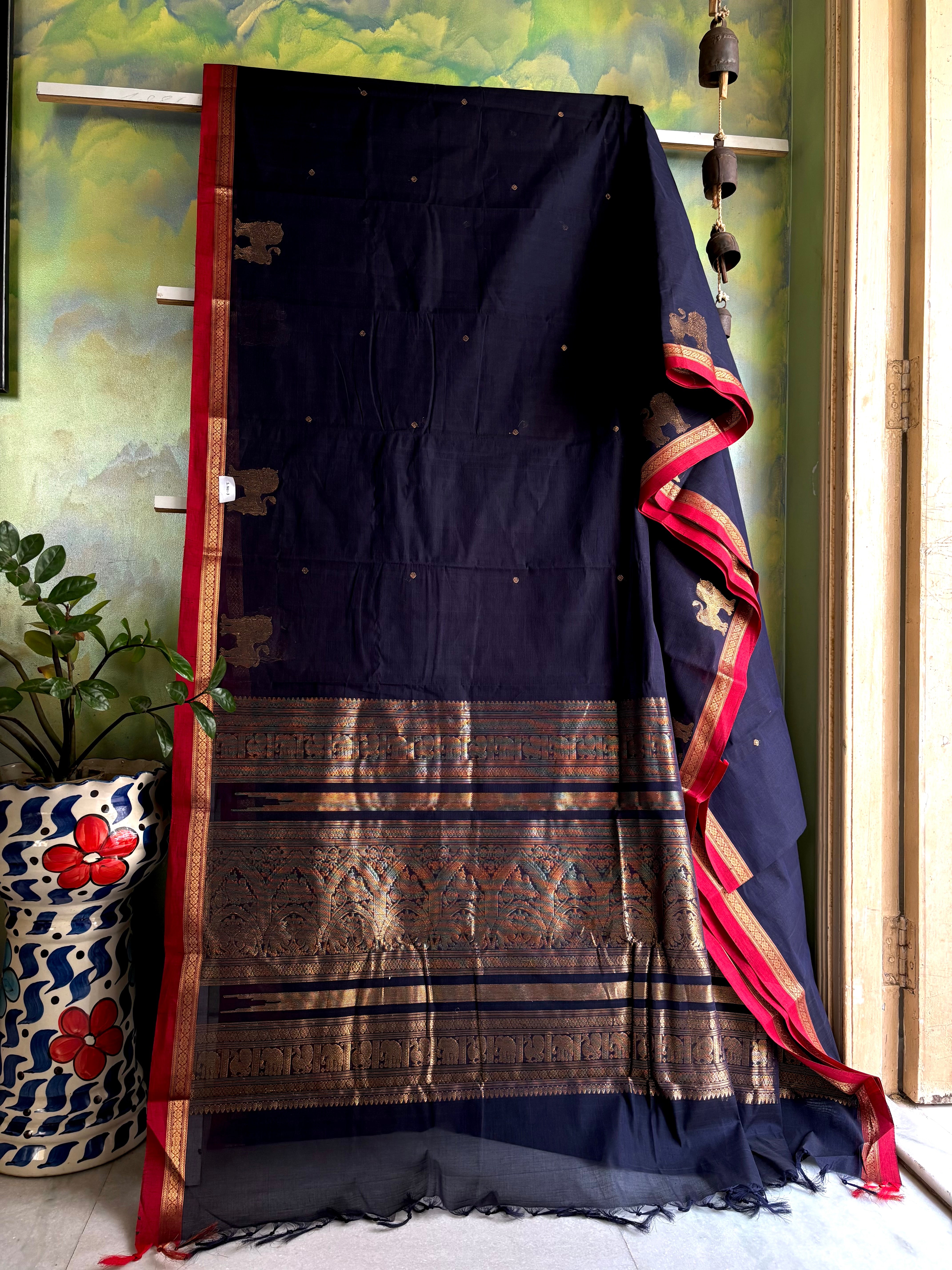 Handwoven Dark Navy Colour Cotton Kanchipuram Saree