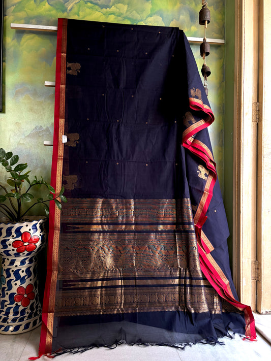 Handwoven Dark Navy Colour Cotton Kanchipuram Saree