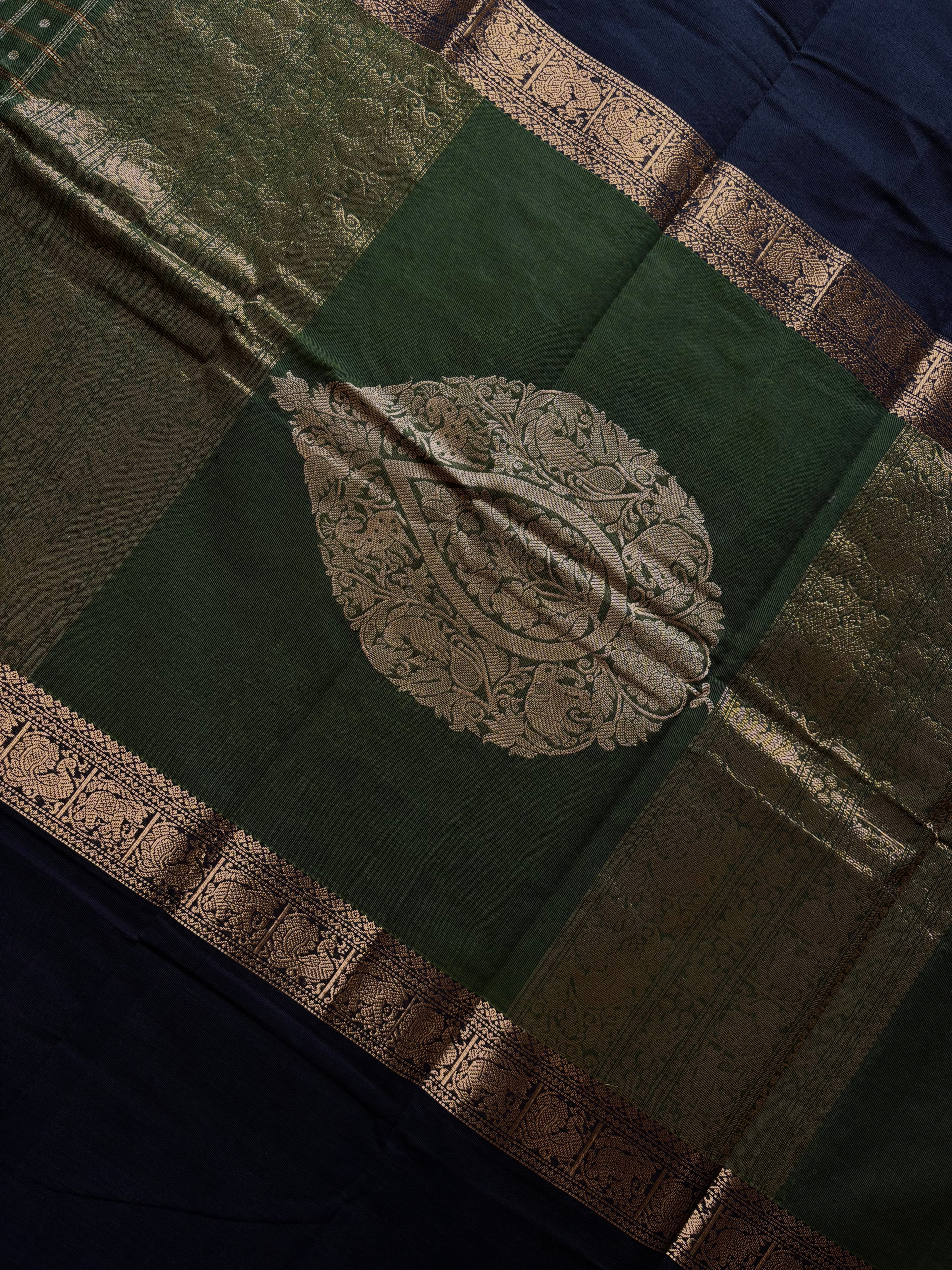 Handwoven Green Black Cotton Kanchipuram Saree