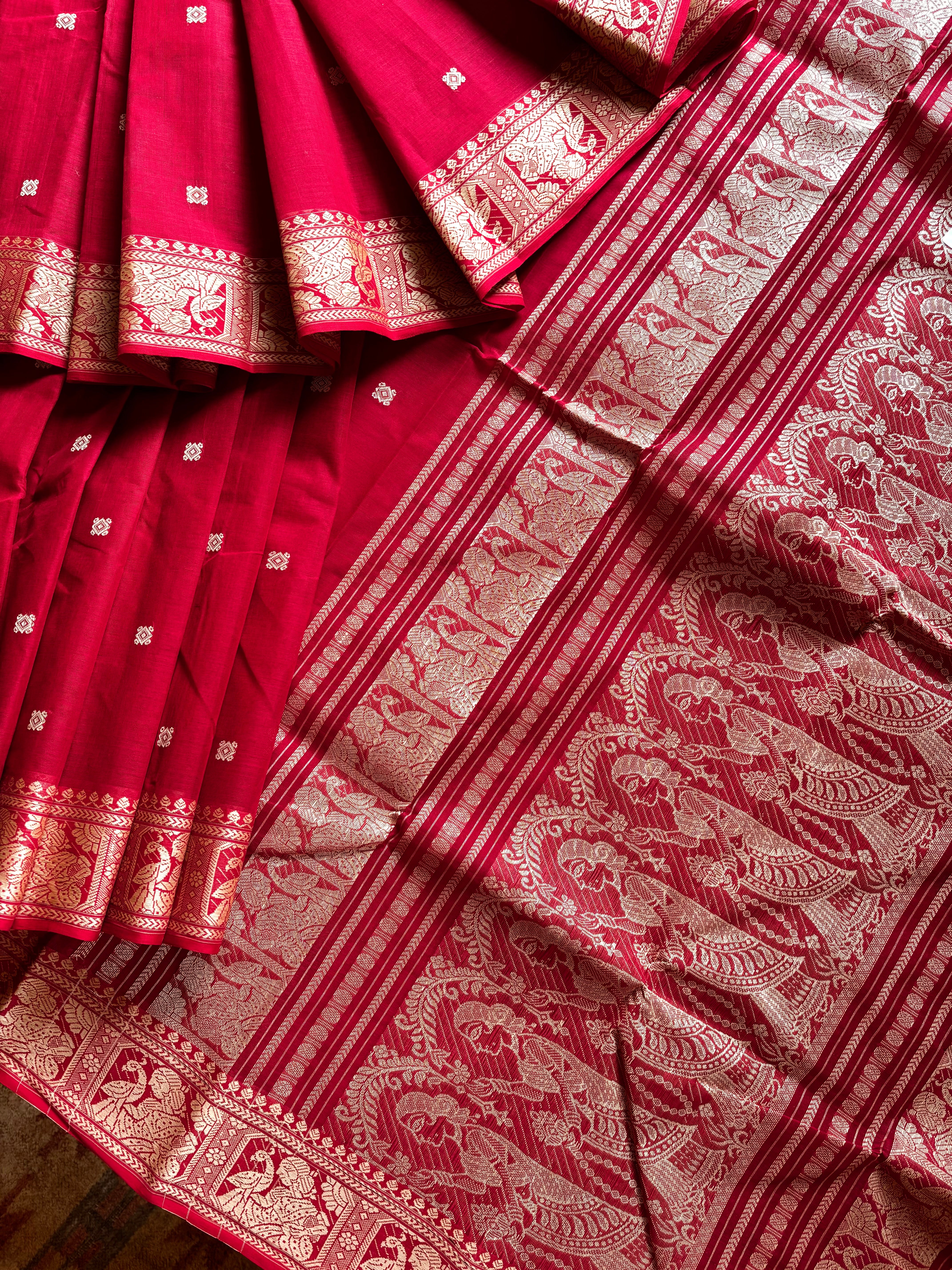 Handwoven Red cotton Baluchari Saree