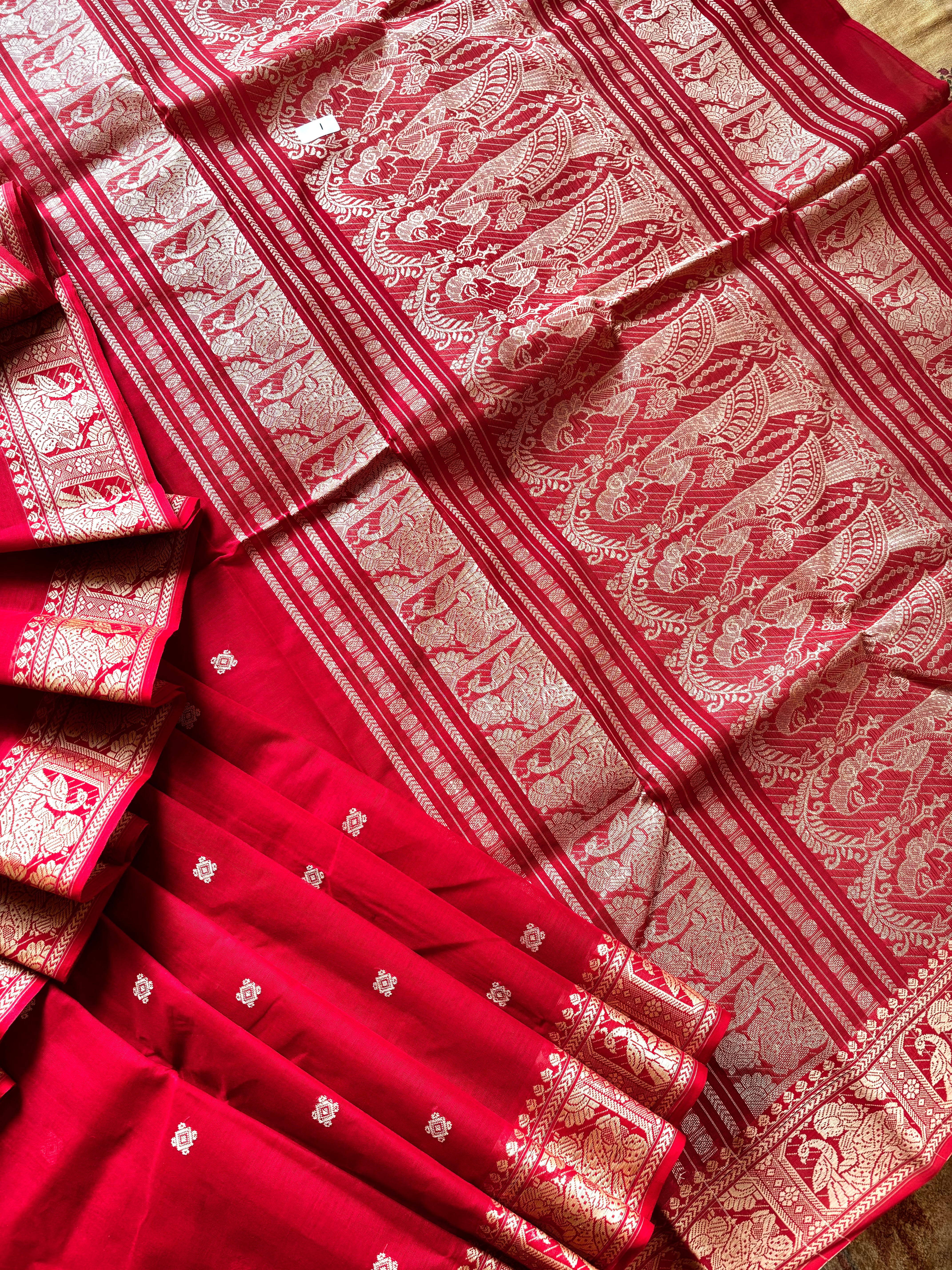 Handwoven Red cotton Baluchari Saree