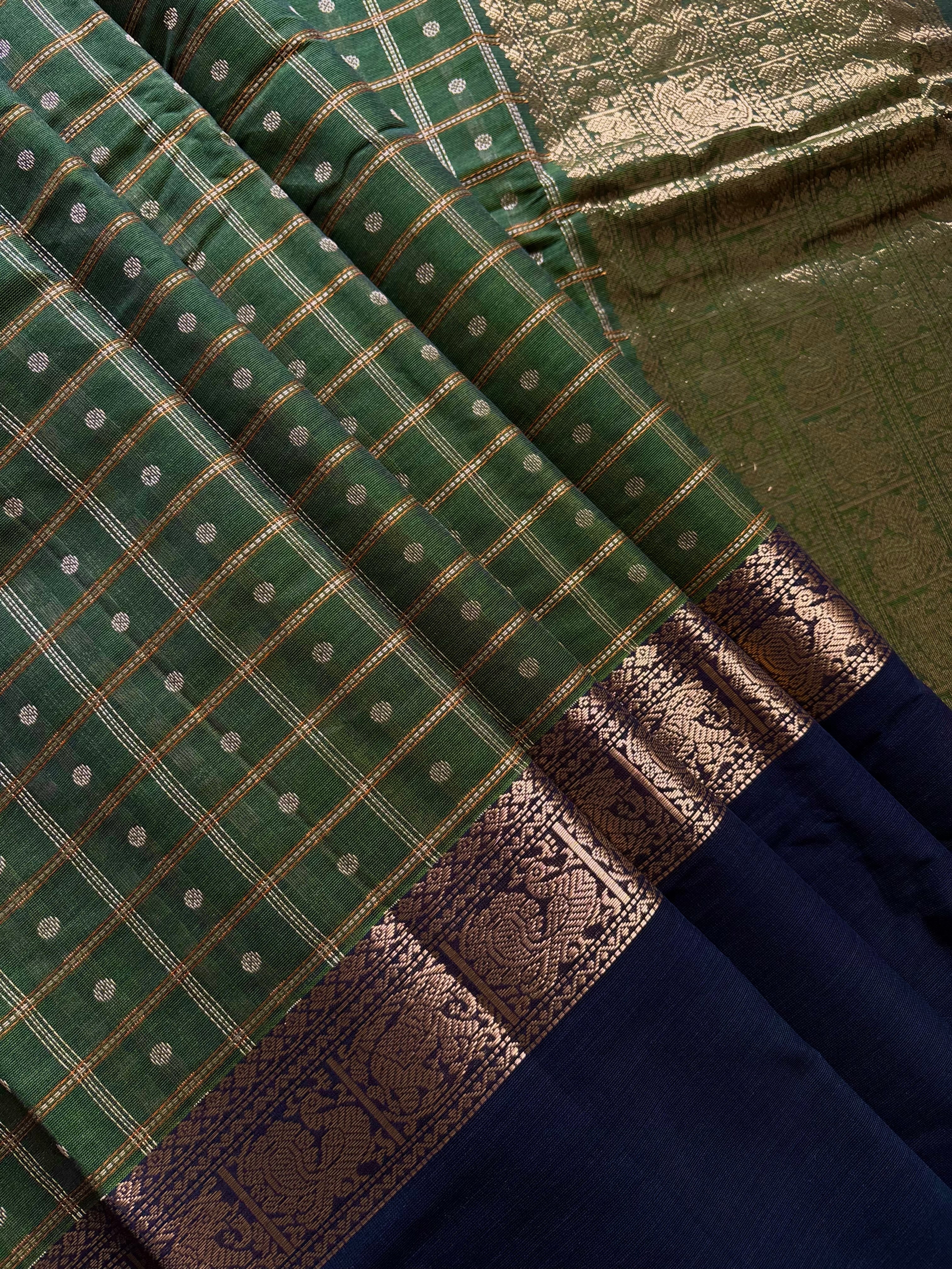 Handwoven Green Black Cotton Kanchipuram Saree