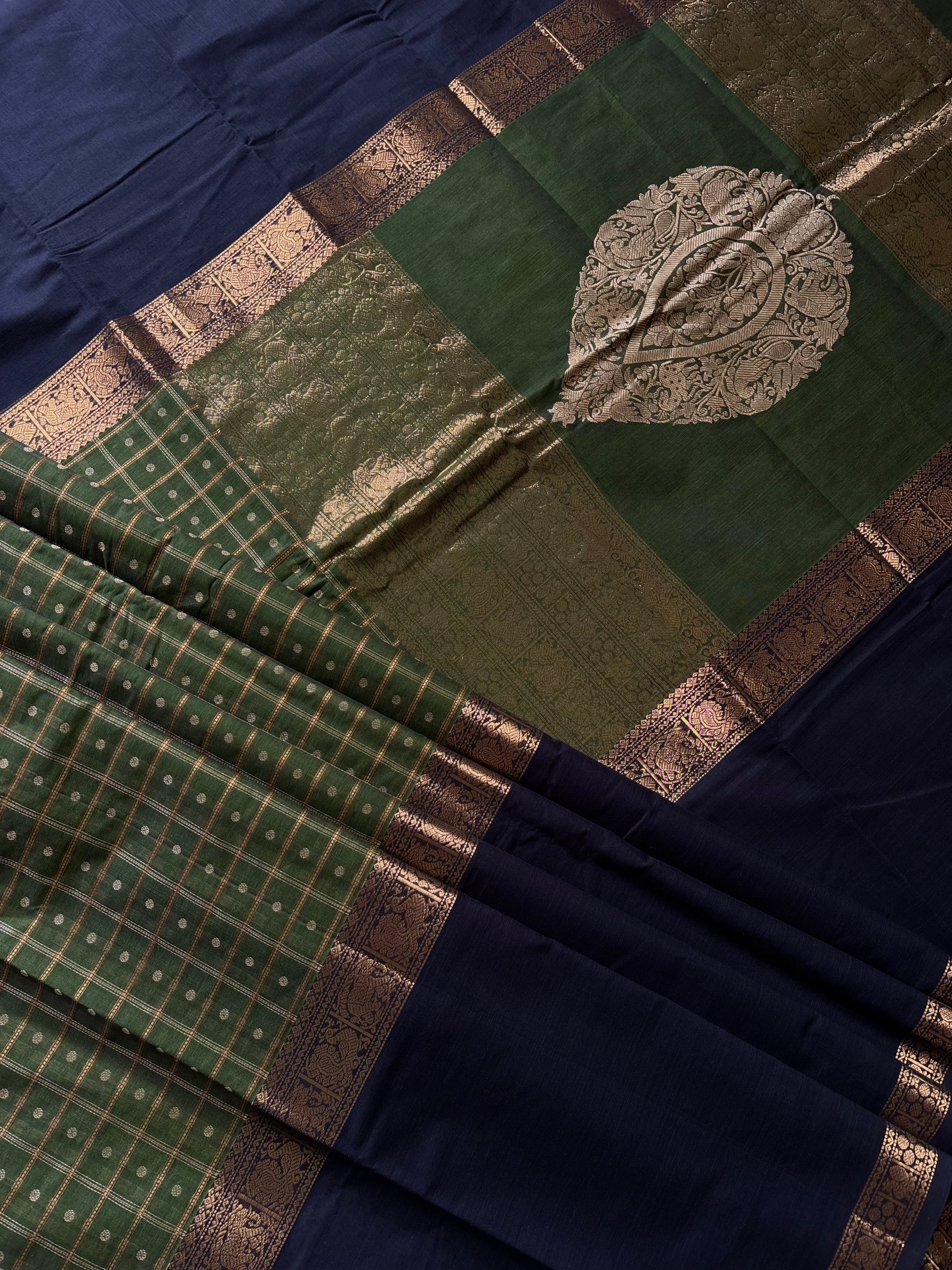 Handwoven Green Black Cotton Kanchipuram Saree