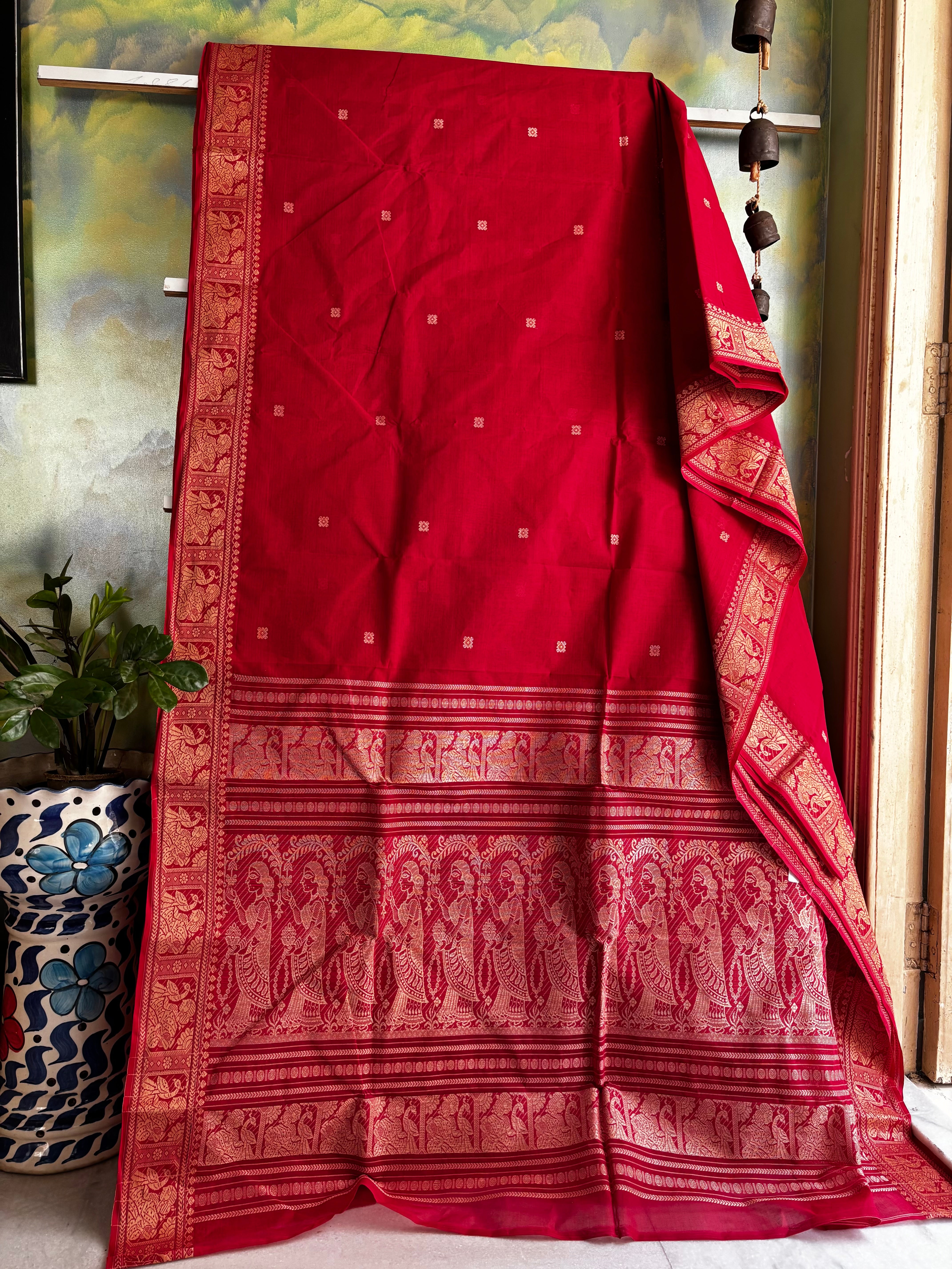 Handwoven Red cotton Baluchari Saree
