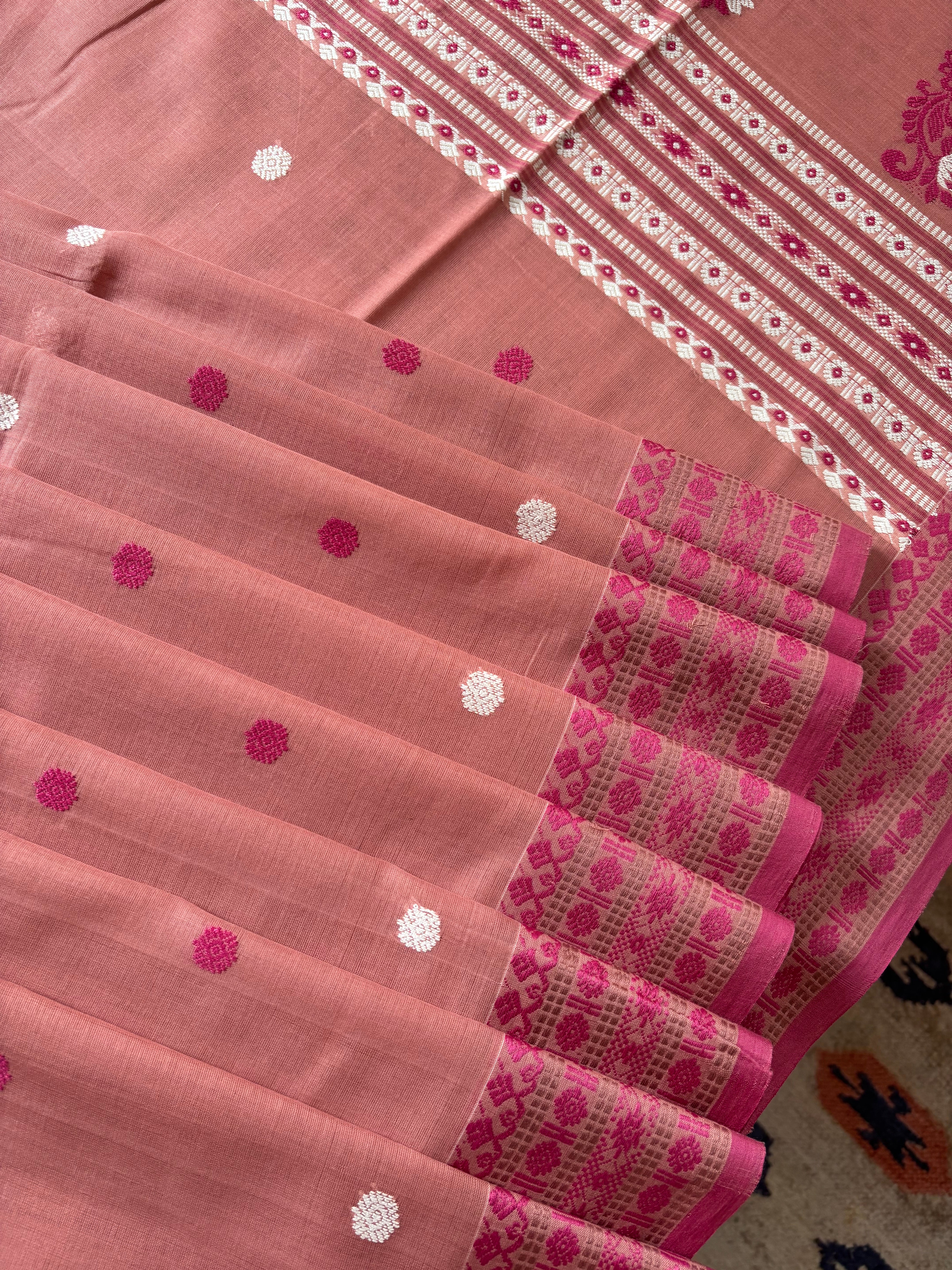 Handwoven Light Peachish Pink Colour Phulia Cotton Saree