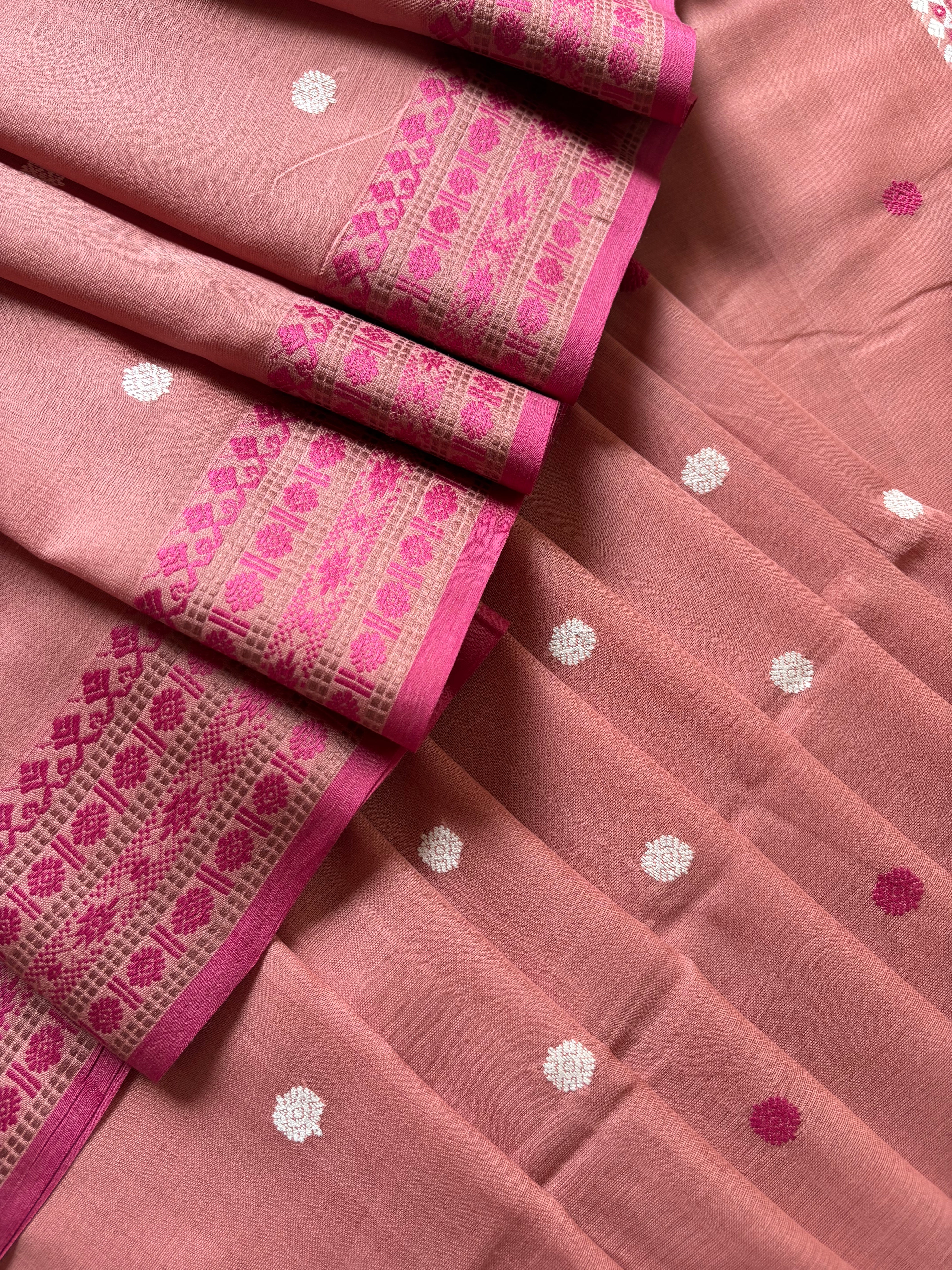 Handwoven Light Peachish Pink Colour Phulia Cotton Saree