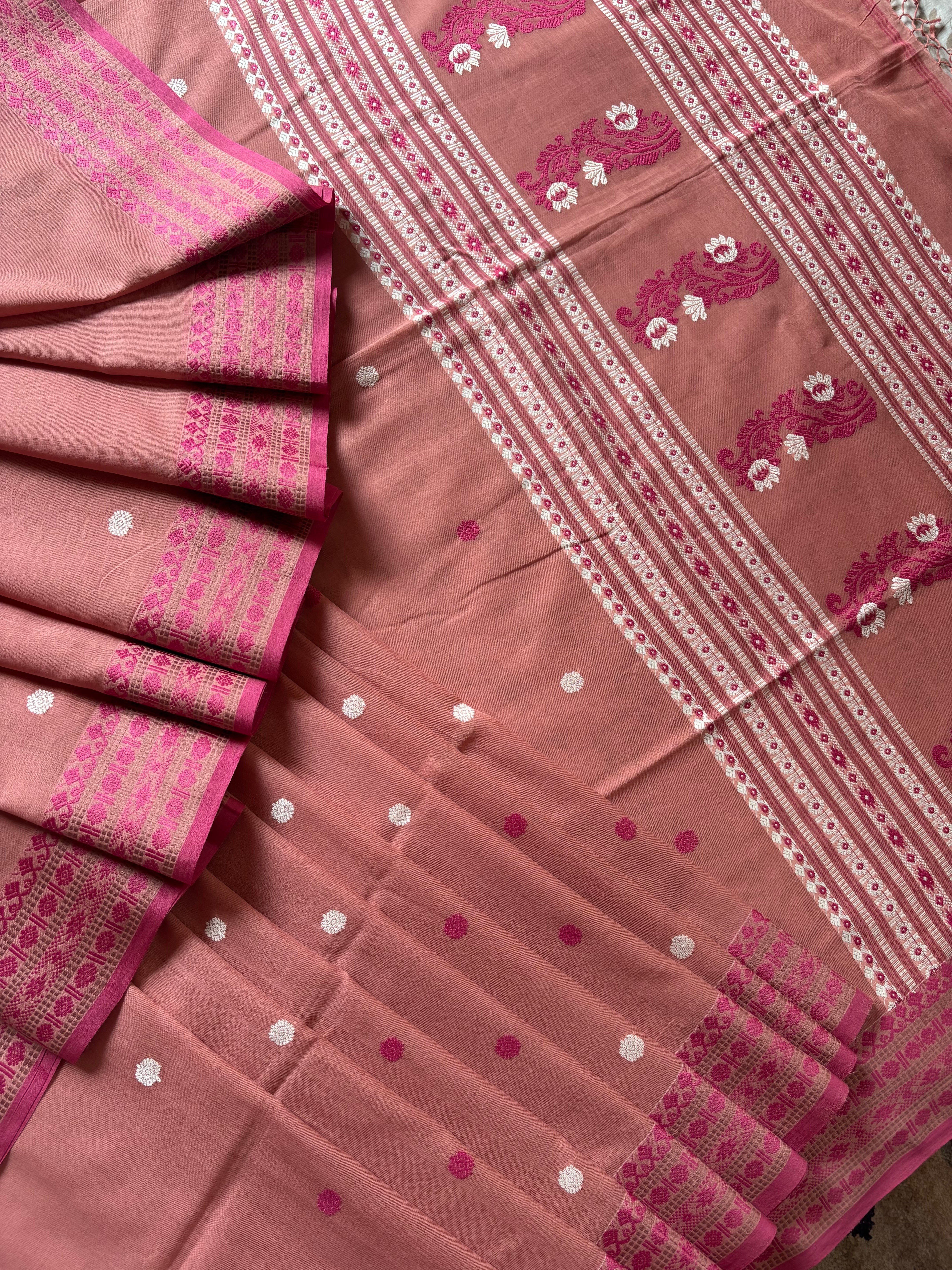 Handwoven Light Peachish Pink Colour Phulia Cotton Saree