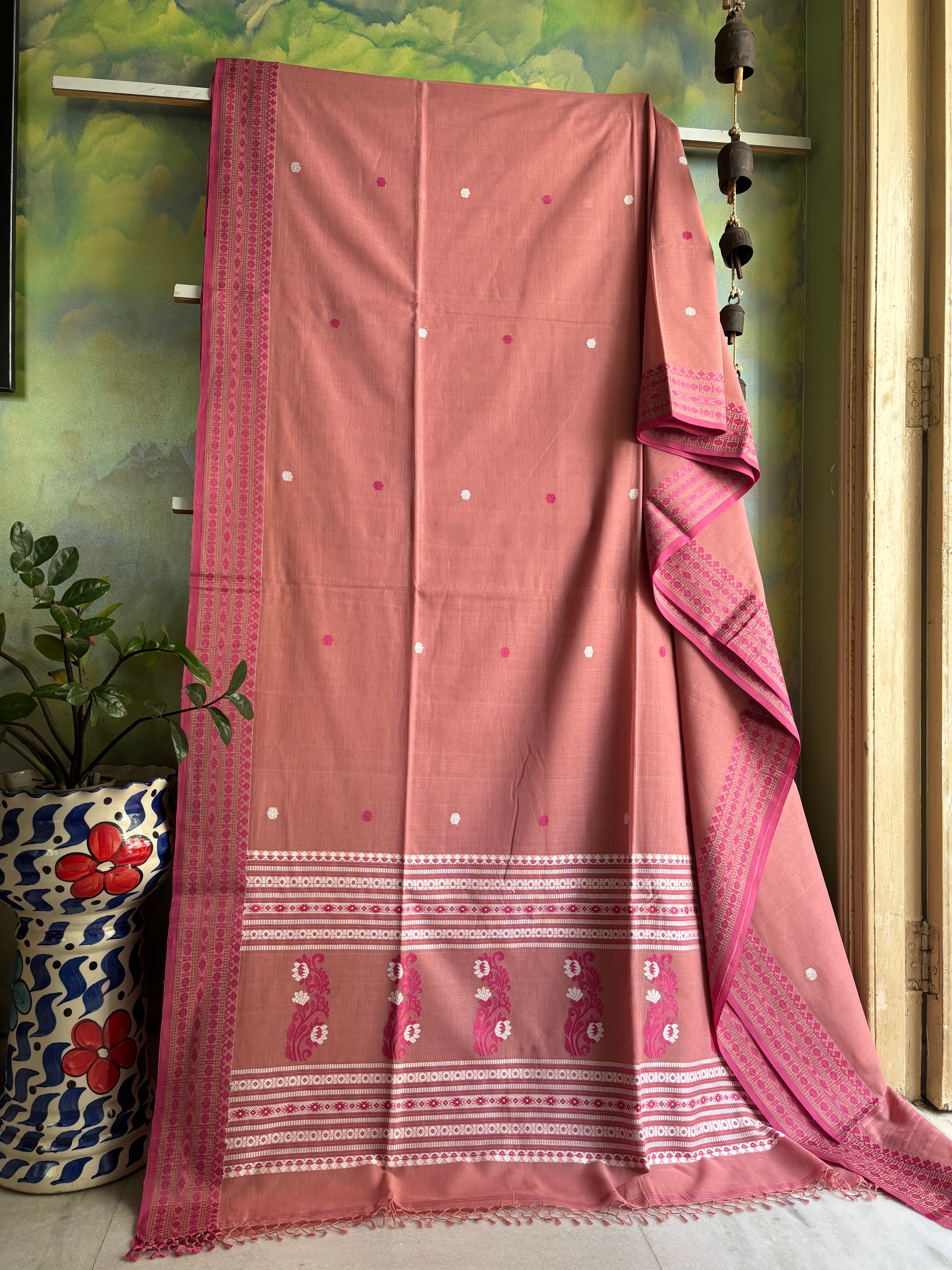 Handwoven Light Peachish Pink Colour Phulia Cotton Saree