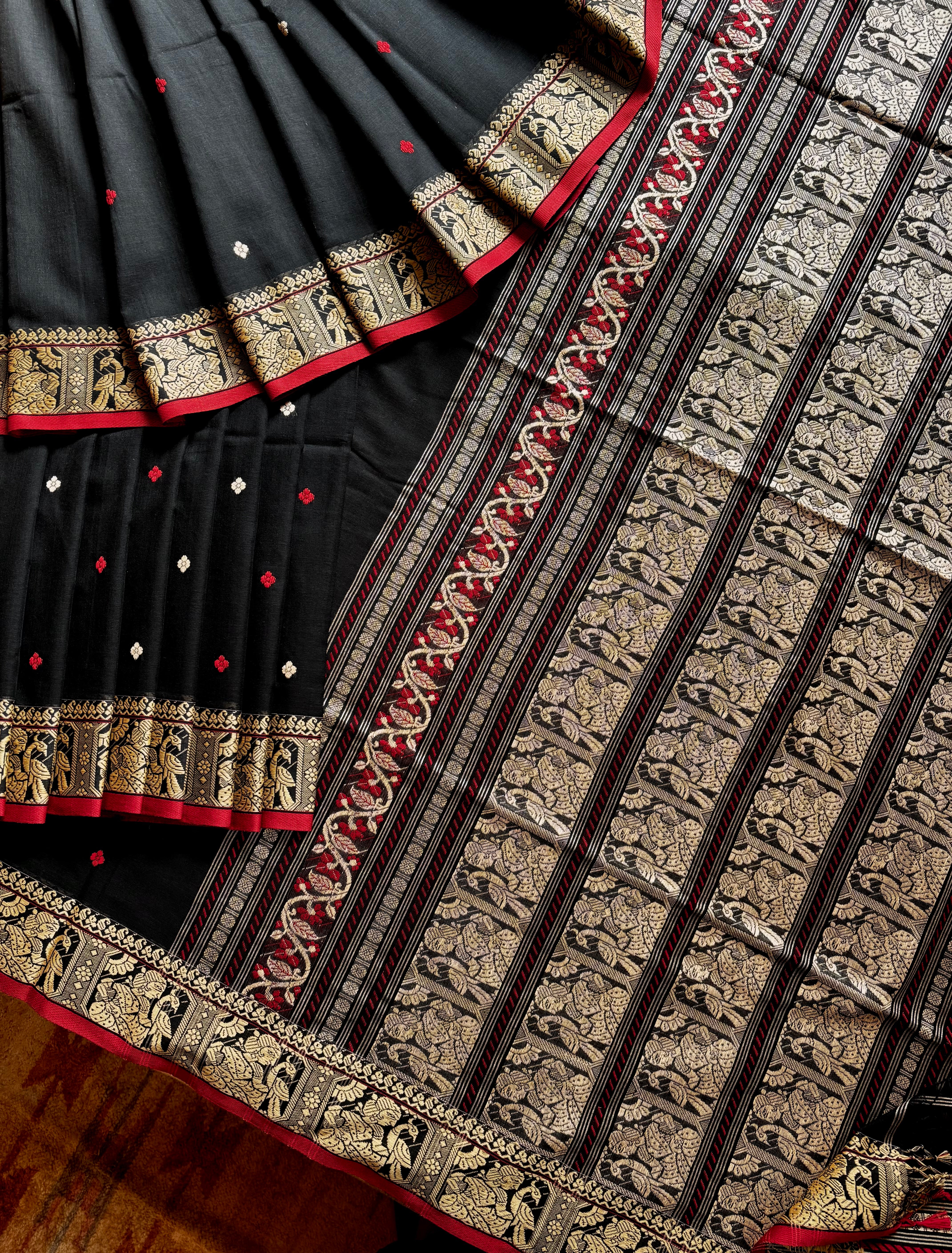 Handwoven Black Cotton Baluchari Saree