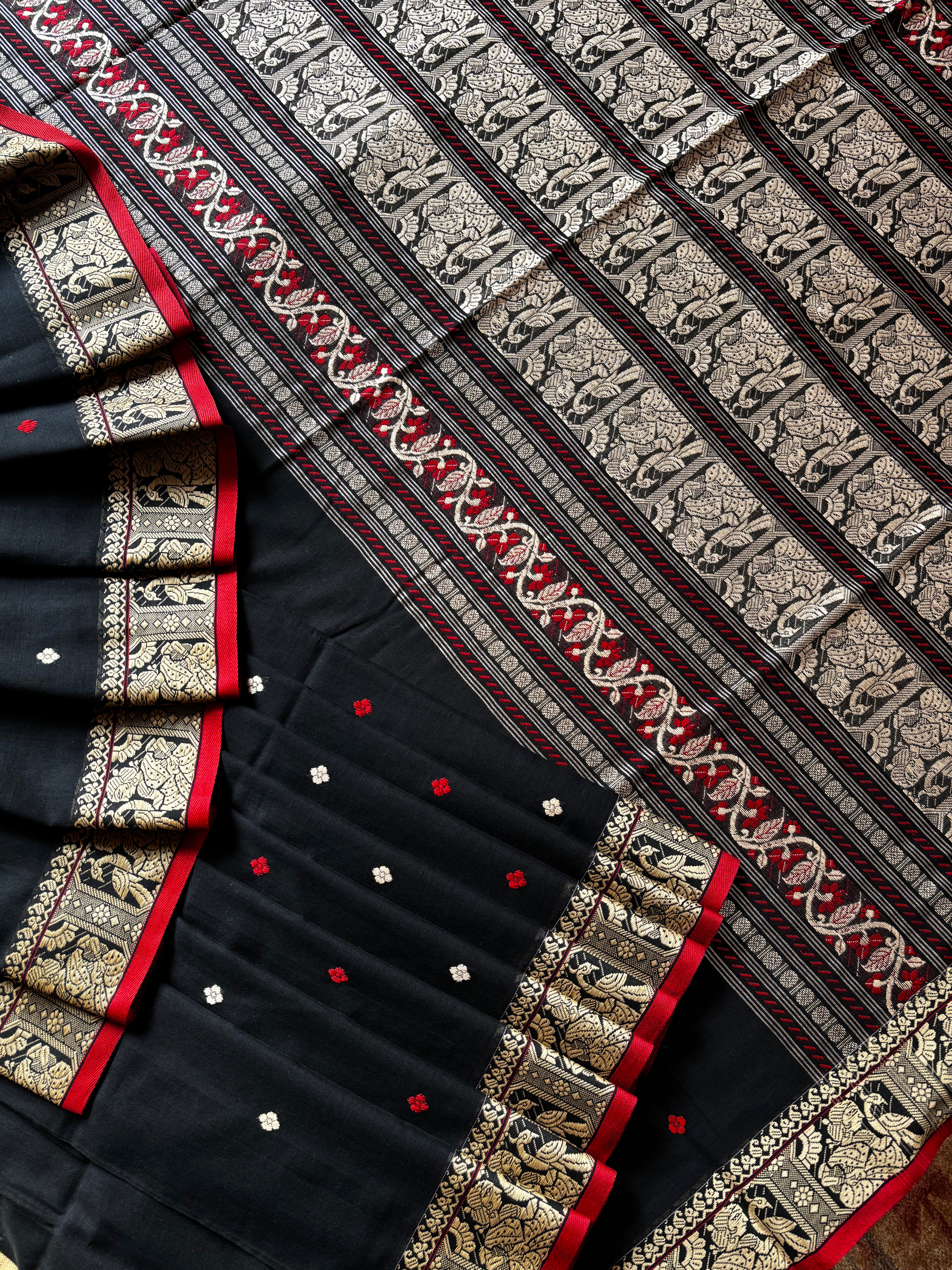 Handwoven Black Cotton Baluchari Saree