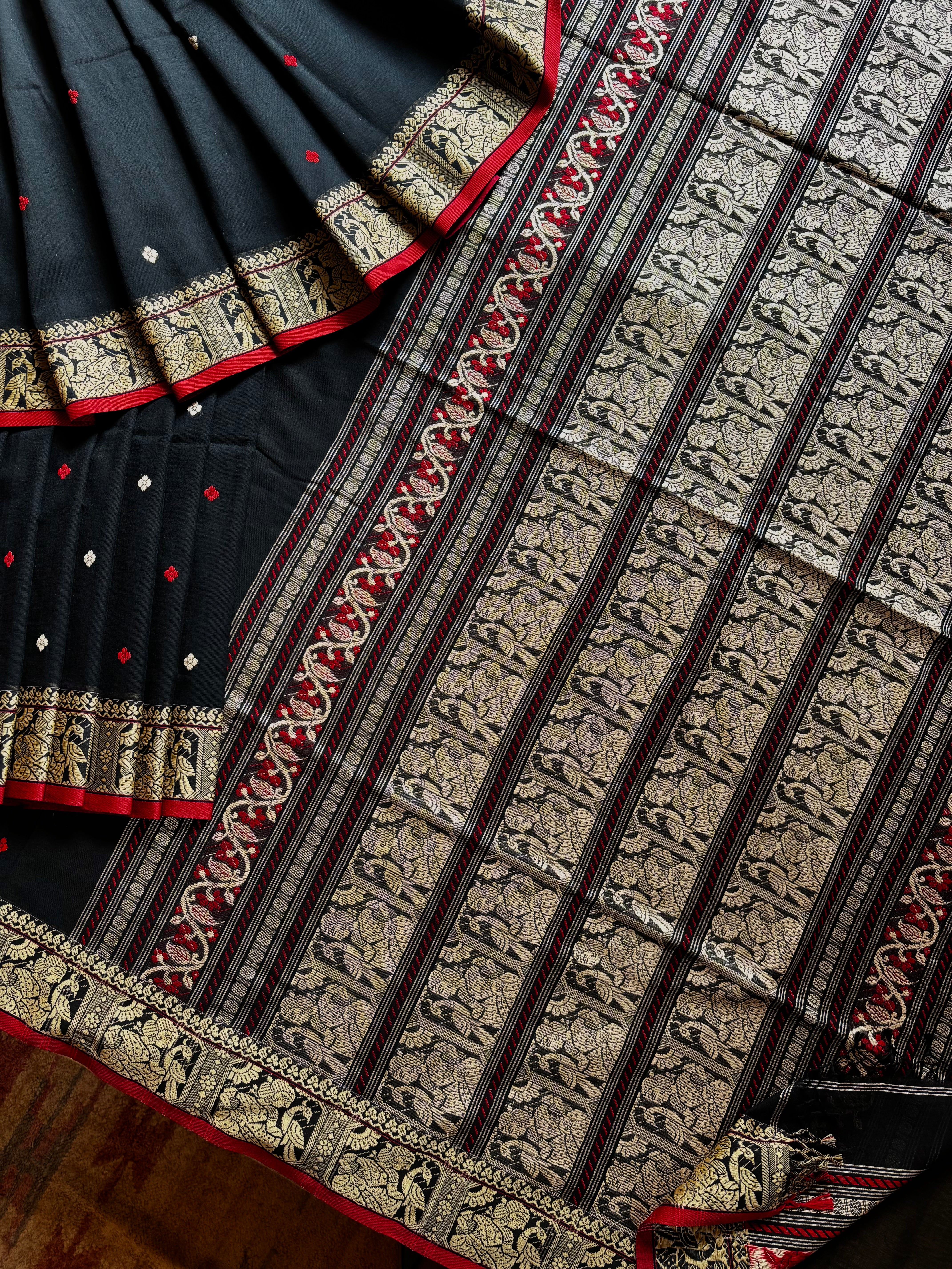 Handwoven Black Cotton Baluchari Saree