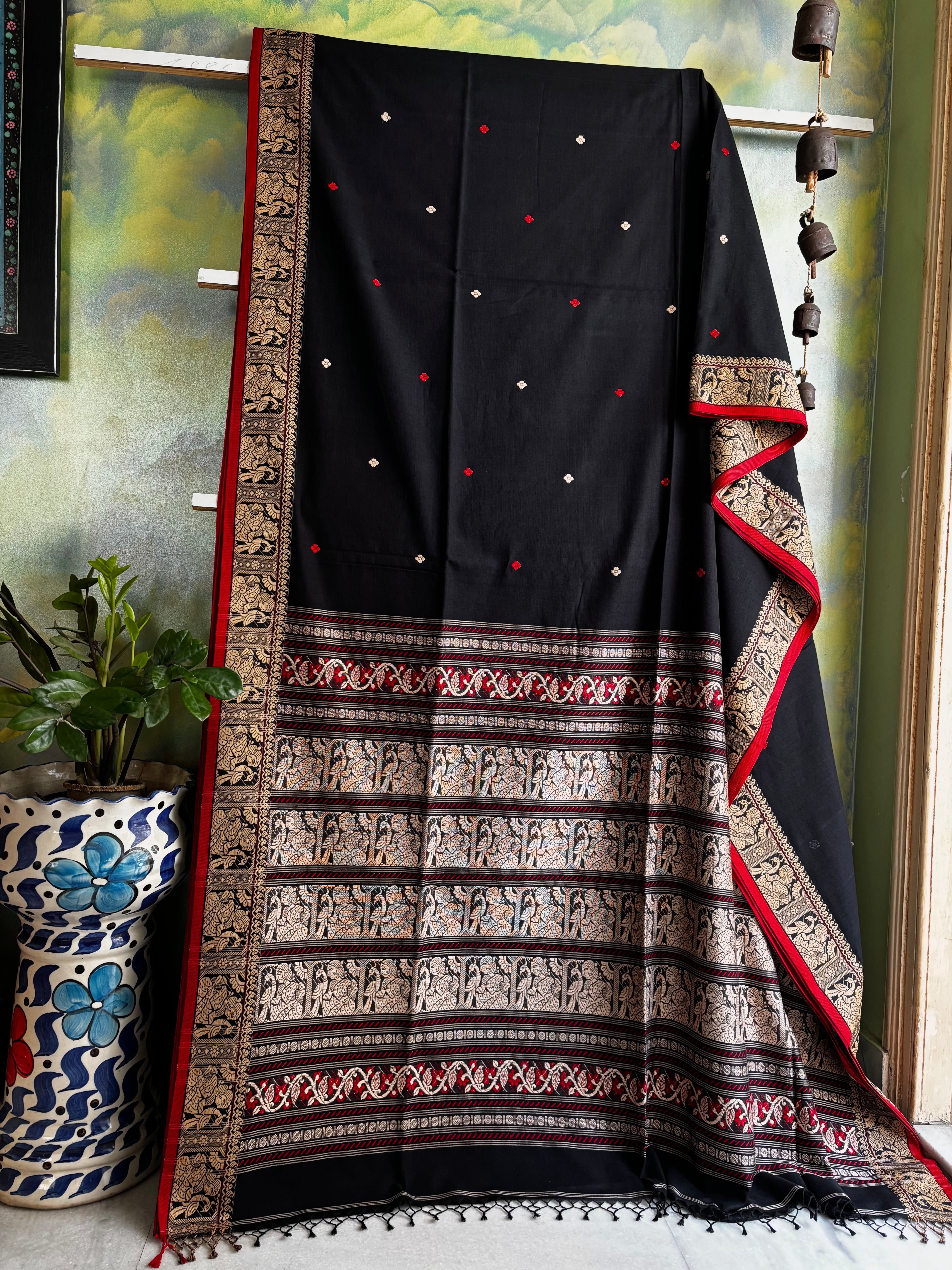 Handwoven Black Cotton Baluchari Saree