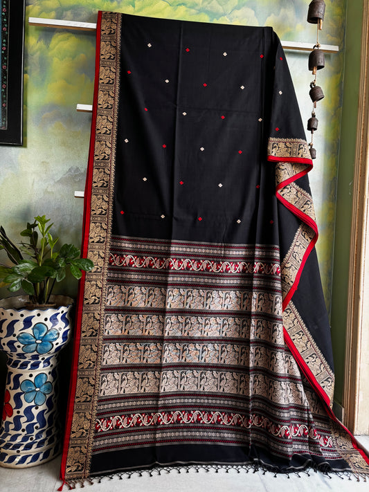 Handwoven Black Cotton Baluchari Saree
