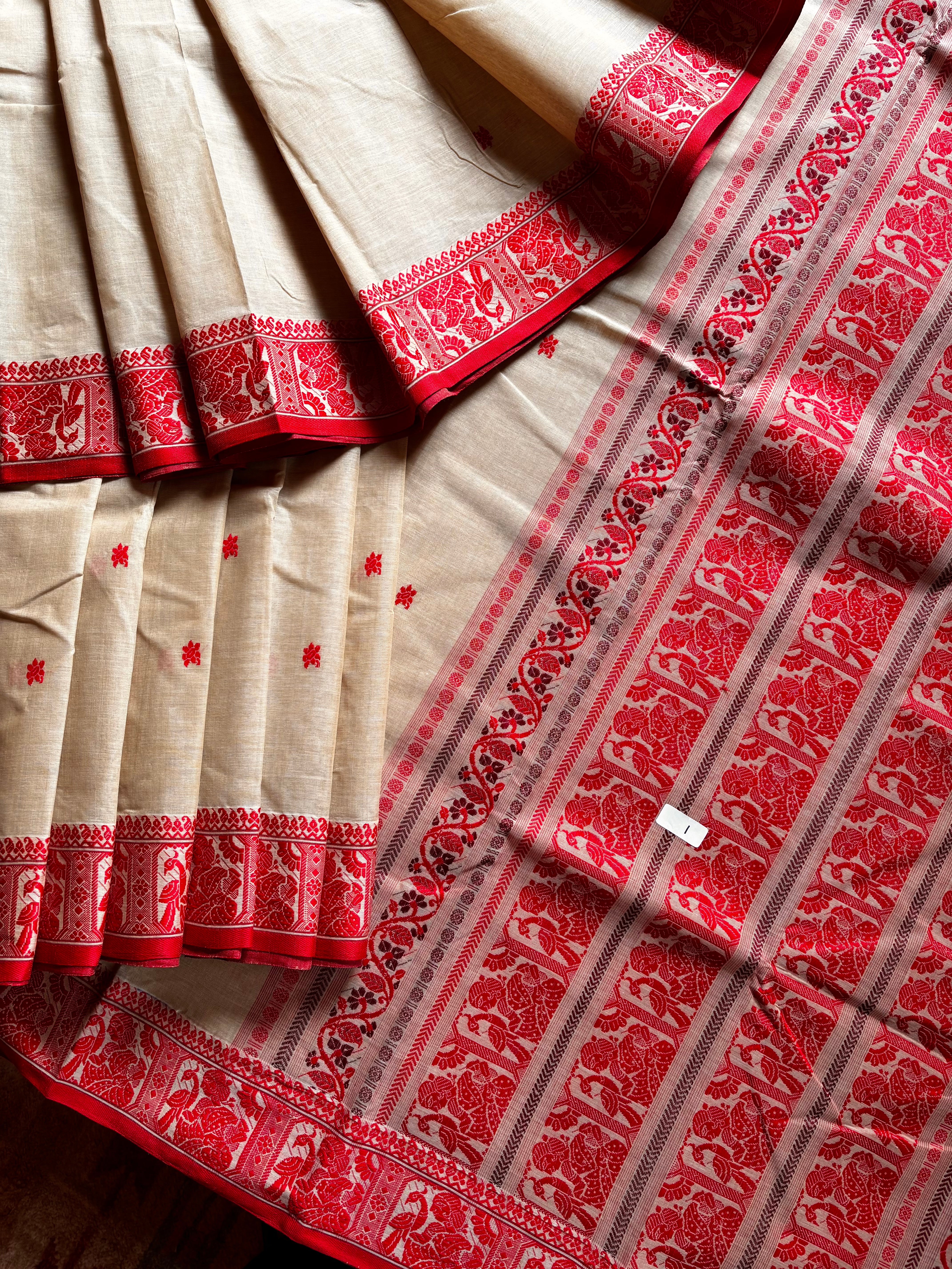 Handwoven Beige Red Cotton Baluchari Saree