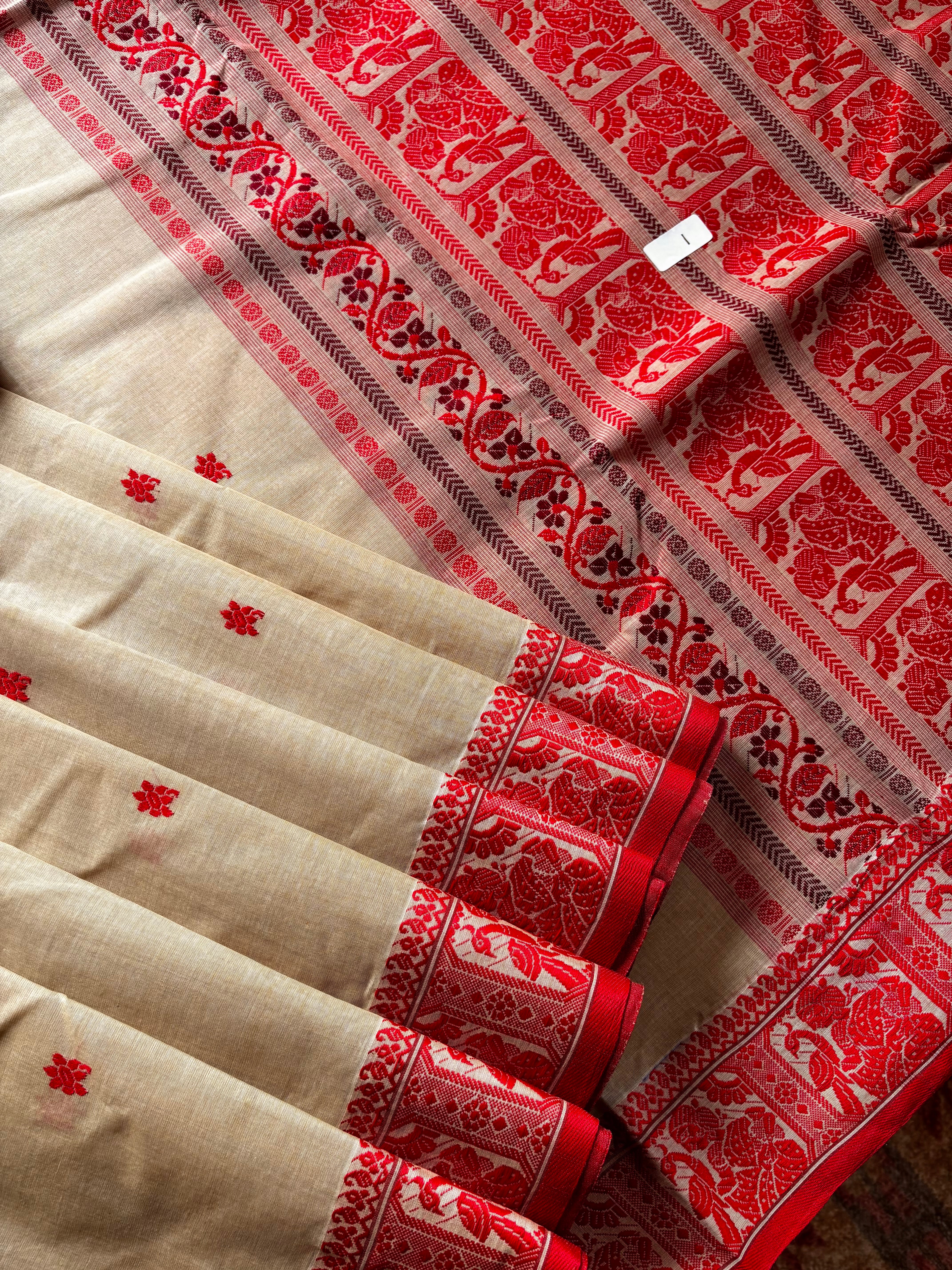 Handwoven Beige Red Cotton Baluchari Saree