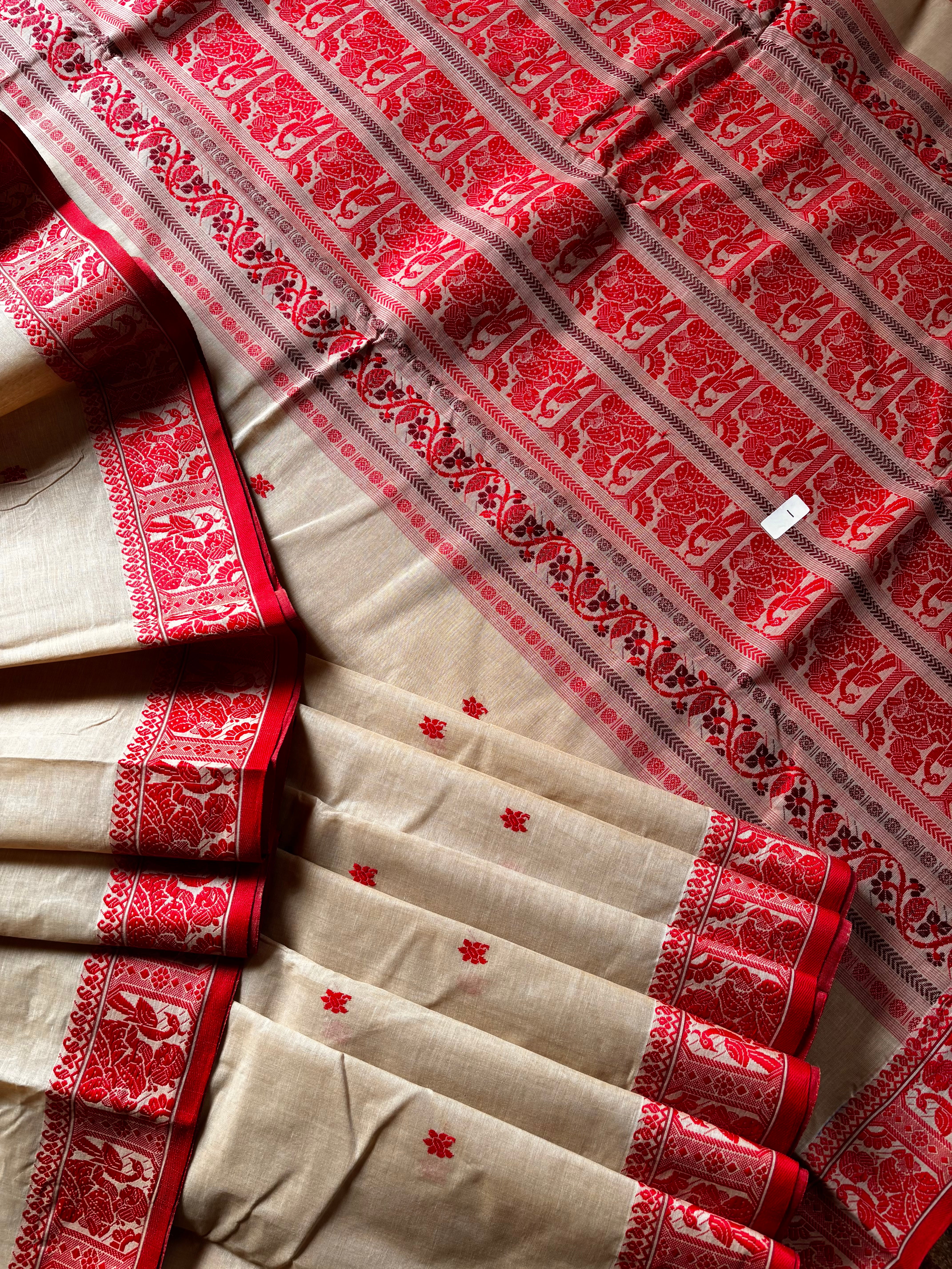 Handwoven Beige Red Cotton Baluchari Saree