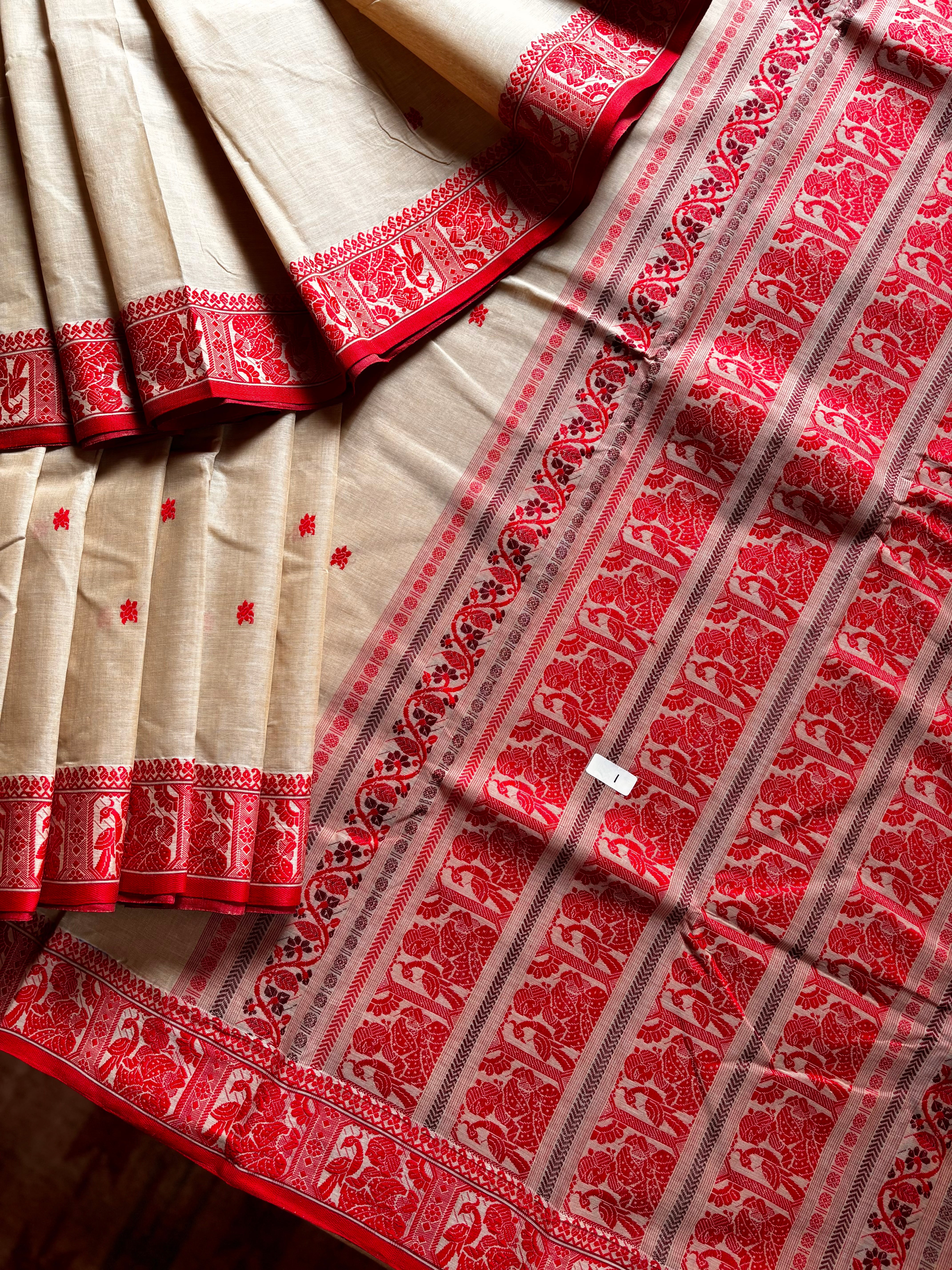 Handwoven Beige Red Cotton Baluchari Saree